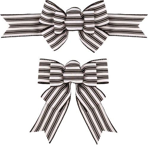 Meseey Wired Ribbon Bows - Handmade Black and White Striped Burlap for Wreaths & Gift Wrapping | 2 Pcs