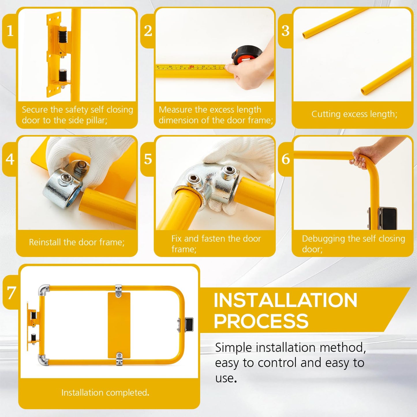 Blulu Industrial Swing Gate Universal Spring-Loaded Safety Swing Gate 16" to 26" Wide Self-Closing Safety Powder Coated High-Visibility Yellow