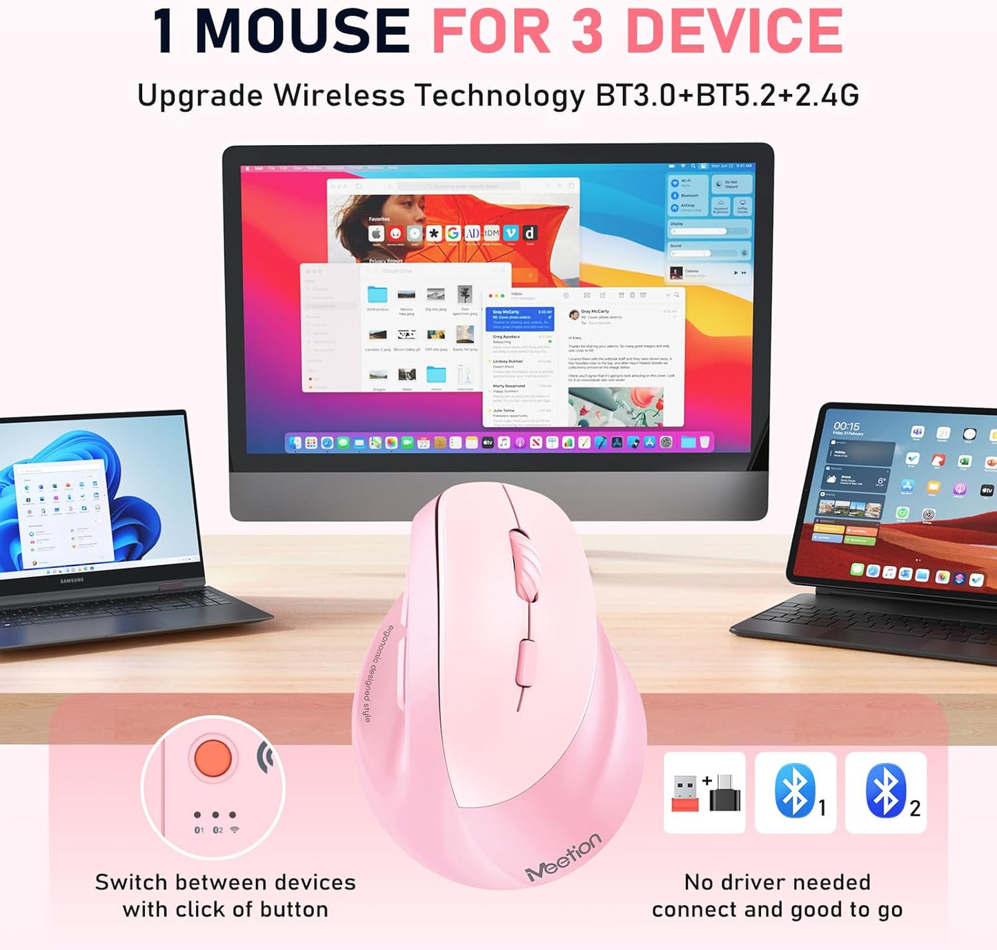 MEETION Bluetooth(5.2 3.0) 4 Ergonomic Mouse Wireless, Vertical Mouse RGB Backlit, Rechargeable Mice for + USB-A