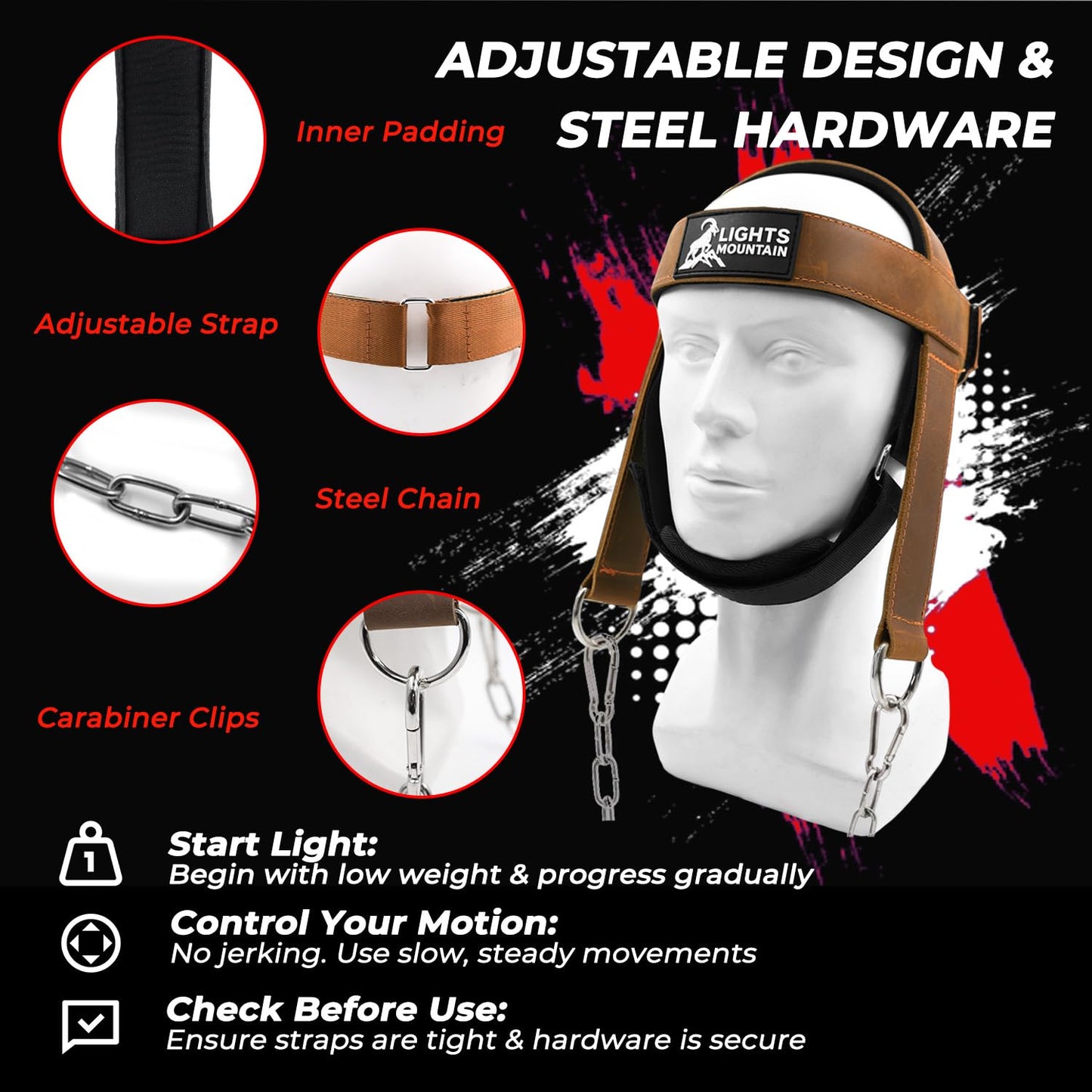 Lights Mountain Leather Neck Harness for Neck Strength Training, Adjustable Head Harness with Steel Chain & Carabiners, Padded Genuine Leather Head Strap for Gym & Home Workouts