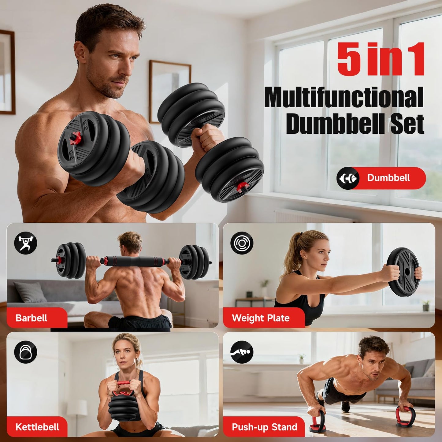 Cvonte Adjustable Dumbbell Set, 45lbs Free Weight Set With Double Locknut, 5-in-1 Dumbbells Set Includes Barbell, Kettlebells, Push up Stand, Fitness Exercise for Home Gym Suitable Men/Women