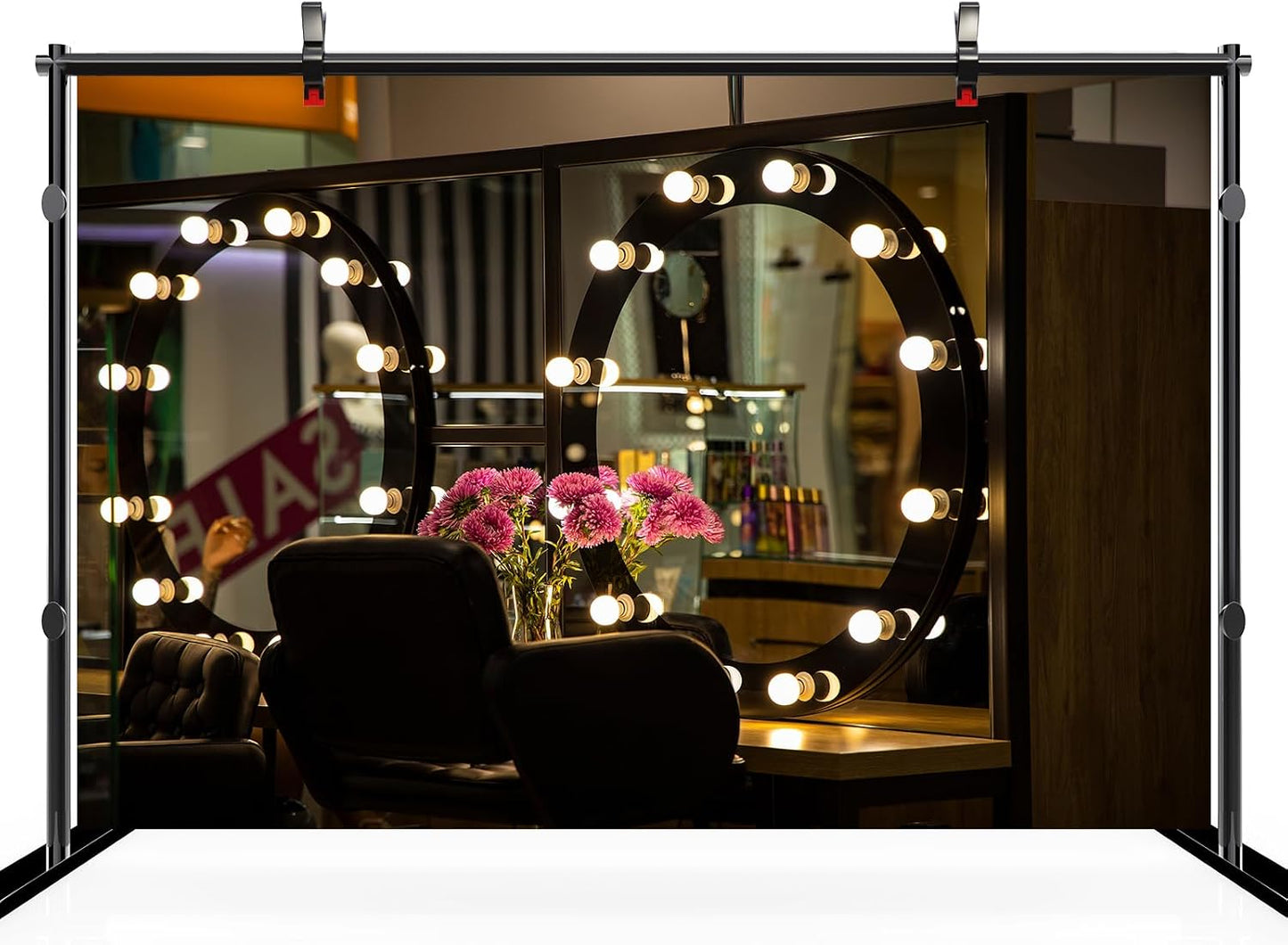 CHNYWORK 6ftx4ft Bulb Makeup Room Backdrop Beauty Salon Interior Mirror with Light Frame Dark Background Professional