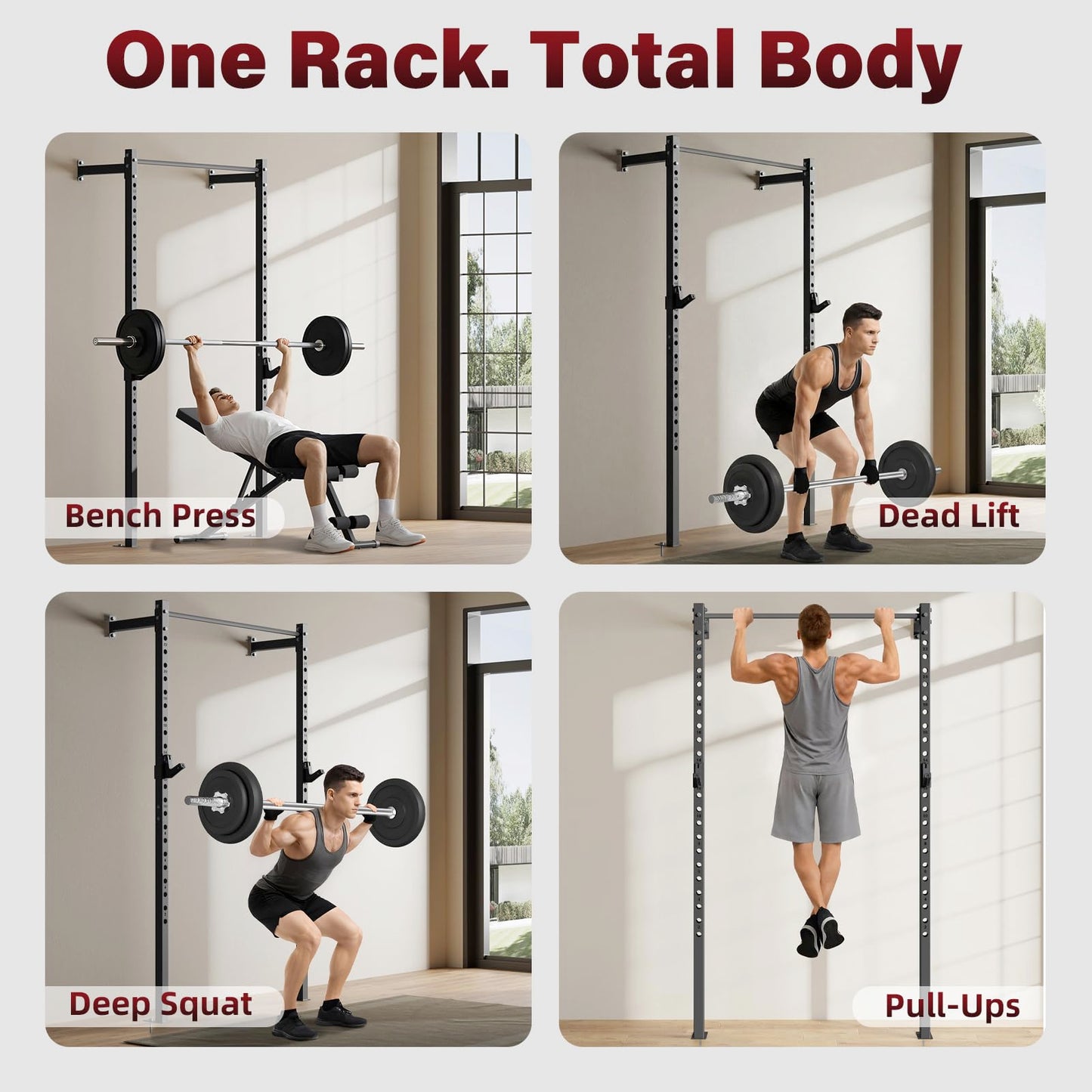SPORTSOUL Wall Mounted Half Rack, 900lbs Squat Rack with Pull Up Bar for Home Gym, Space-Saving 2"x2" Pull-Up Station with Adjustable J-Hooks for Garage & Apartment (Black)