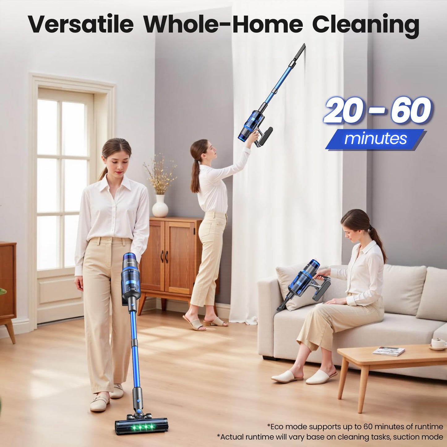 BonePone V25 Cordless Vacuum Cleaner, 680W 60Kpa Powerful Stick Vacuum with Dust Sensor, Digital Display, 4000mAh Rechargeable Battery up to 60Mins, Versatile for Pet Hair, Floor, Carpet (Navy)