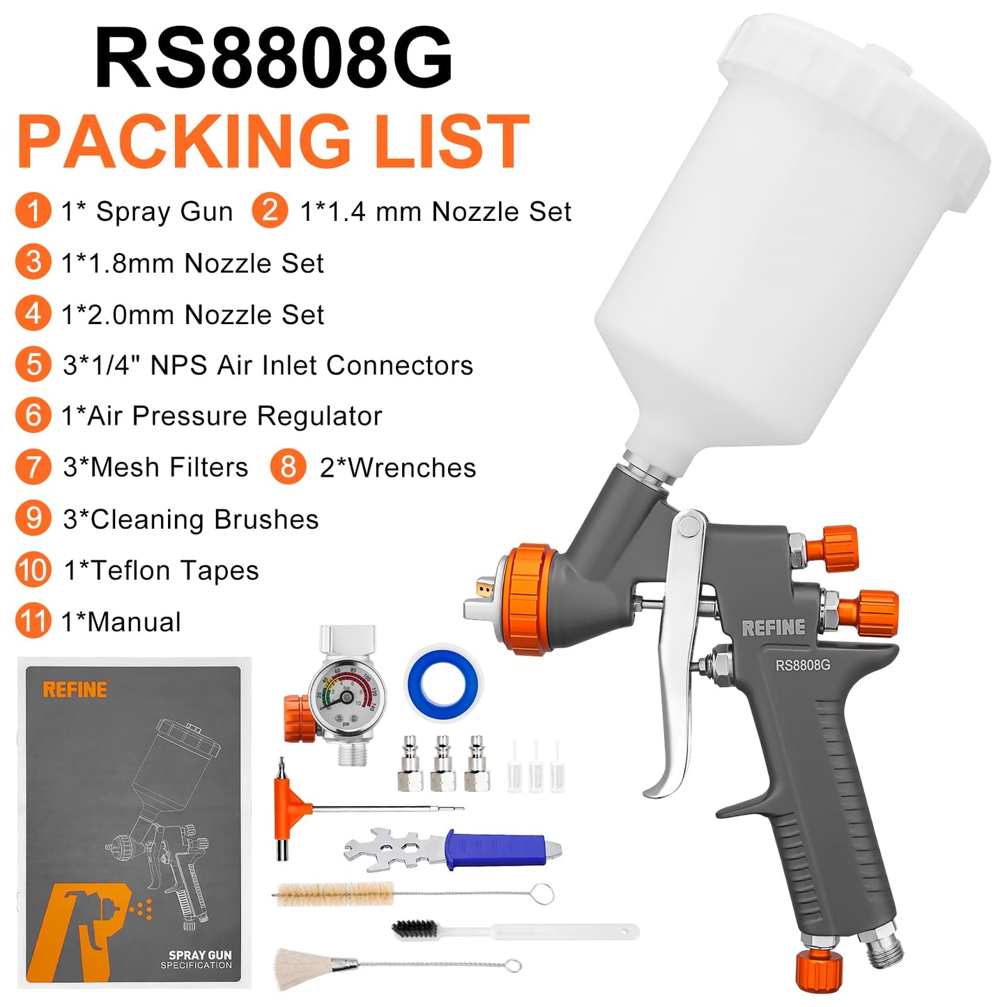 REFINE Air Spray Gun, Auto Paint Gun with 1.4/1.8/2.0mm Nozzle, Professional Automotive Spray Gun, Air Compressor Auto Body Paint Sprayer for Cars, House, Furniture Painting with Air Pressure Gauge
