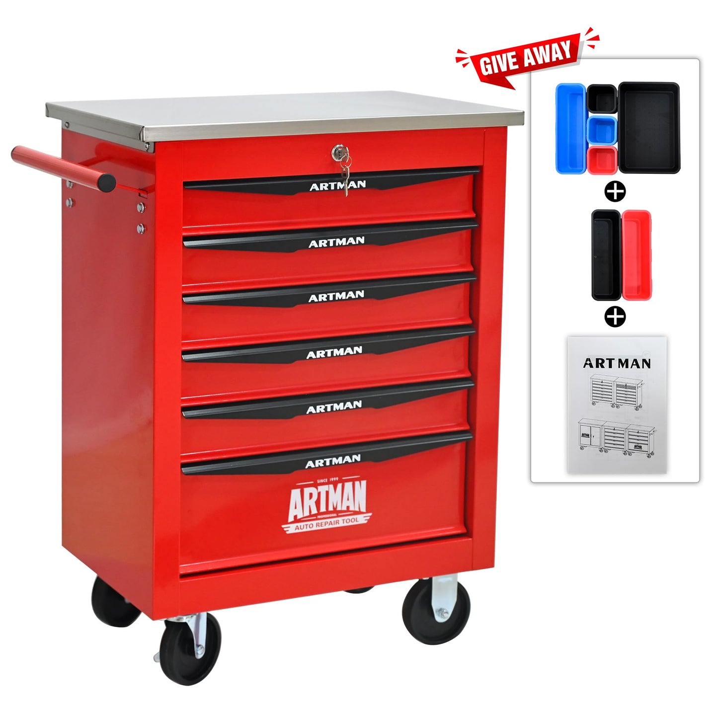KEIKI 6 Drawers Tool Cart on Wheels,Multifunctional Rolling Tool Chest Tool Storage,Drawers Rolling Tool Trolley Organizer Tool Case for Garage, Warehouse, Workshop, Repair Shop (Red)