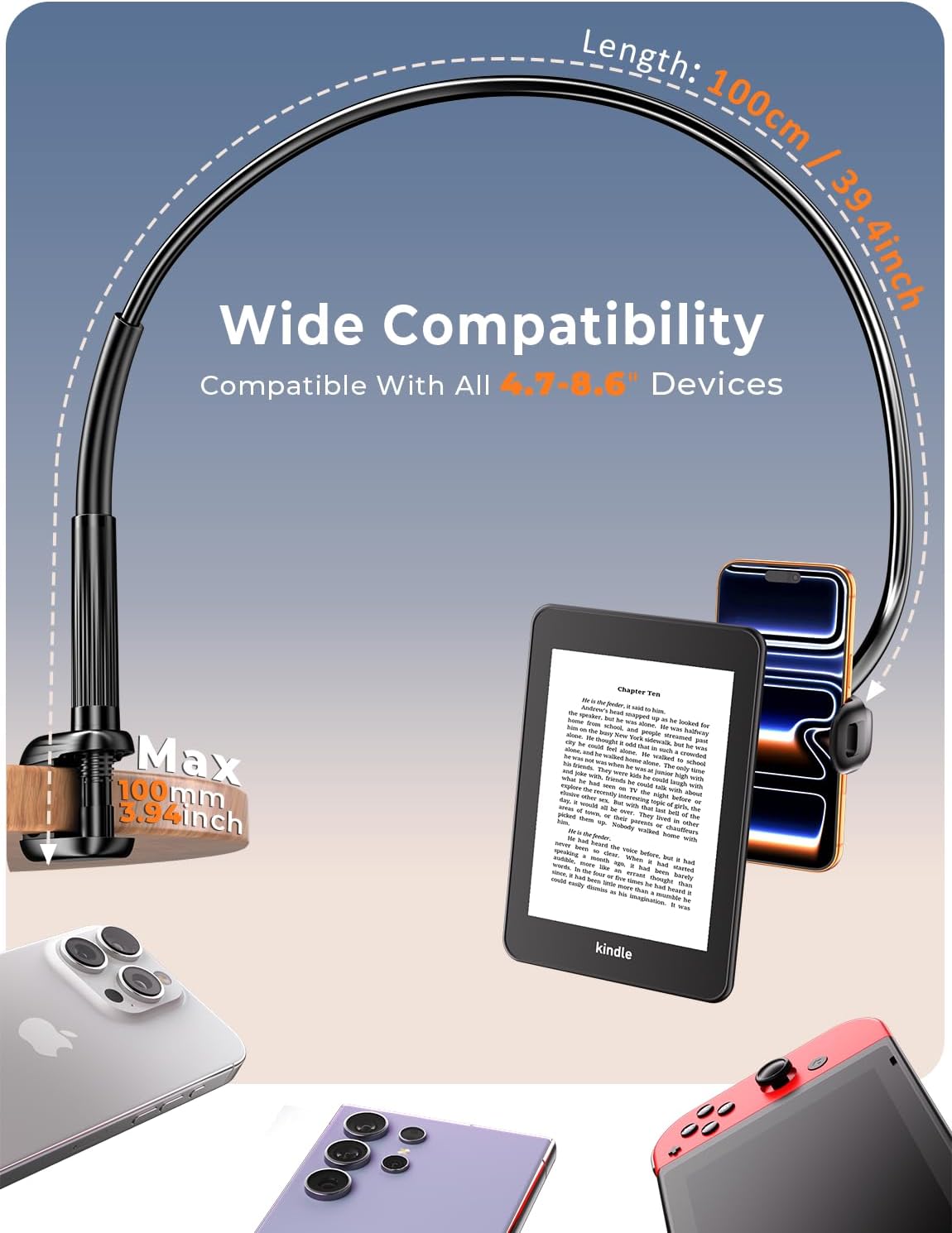 Mumay 17 4.78.6 Inch Gooseneck Kindle & Phone Holder for Bed: Flexible Long Arm Clamp Mount for Hands-Free Reading