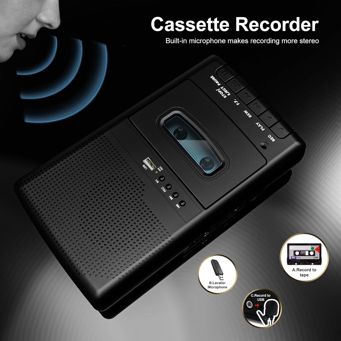 Mersoco Cassette Cassette 3.5MM Portable Player,Digital Recorder Portable Tape Player with Stand-Alone Microphone