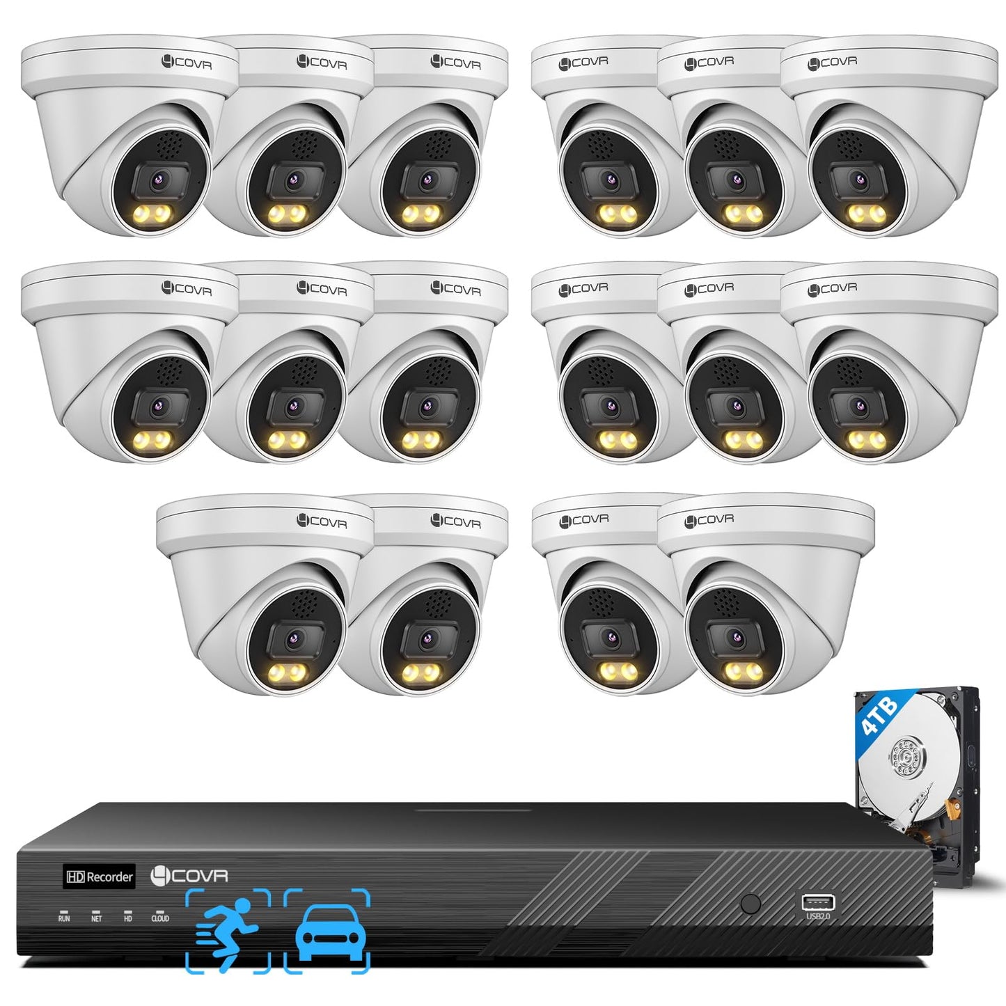 4COVR 16 Channel NVR 4TB HDD Camera Security System 2-Way Talk & Dual Lights Smart Full Color Night Vision, AI Human Vehicle Detection, 16x 5MP IP67 PoE IP Dome Camera for Business, LY97KA5M1616