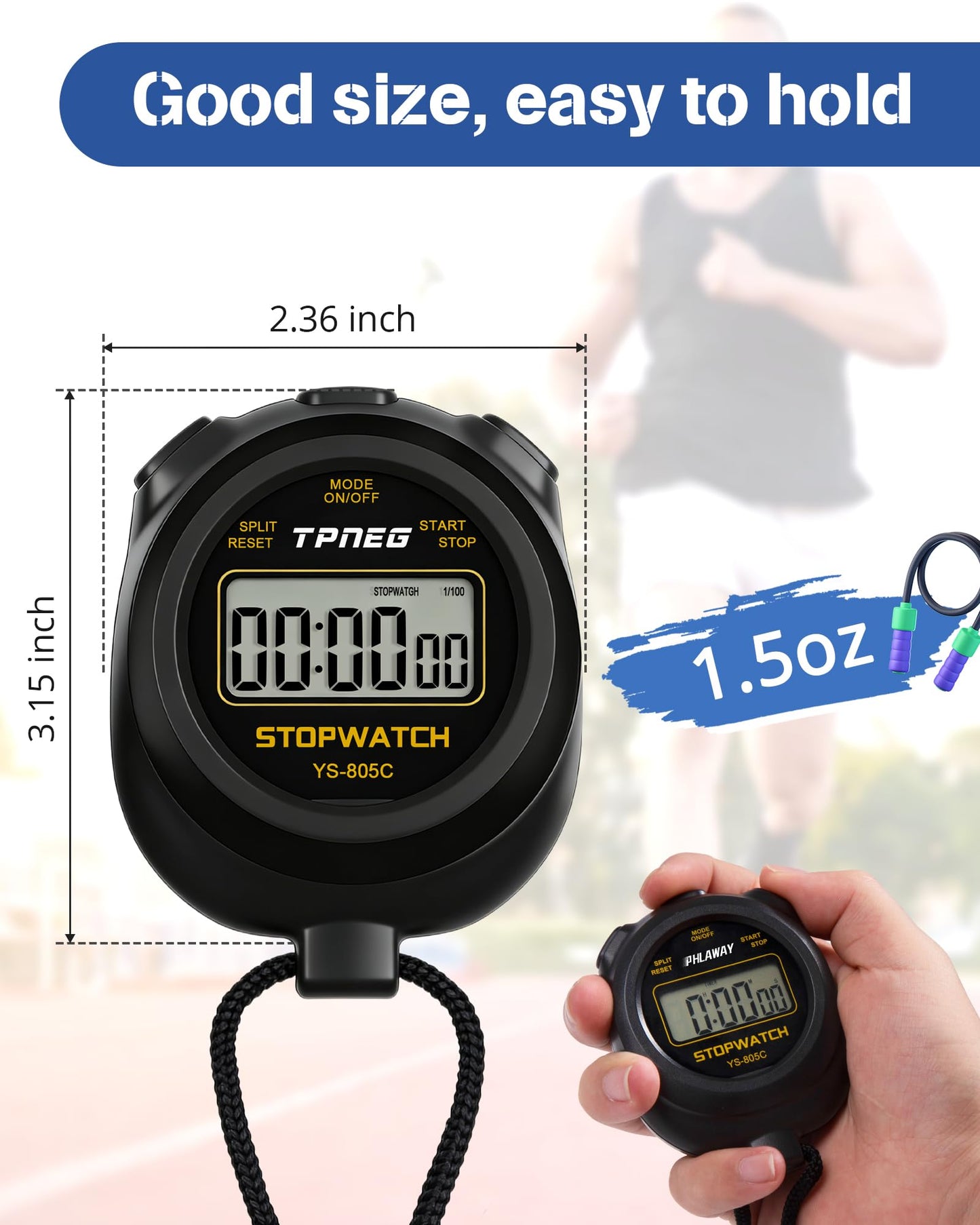 TPNEG Simple Stopwatch Timer - Easy to Use, Set Up, Read, and Carry - Large Display - On/Off, AAA Battery, No Hourly Beep - Ideal for Kids, Track and Field, Sports, Classroom - Stopwatches for Coaches