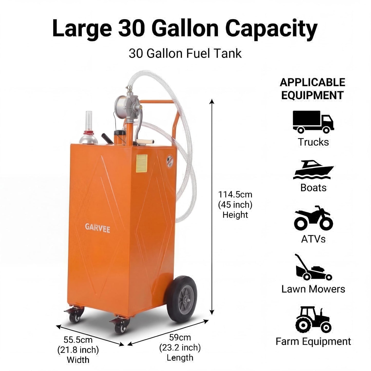 Patikuin 30 Gallon Heavy-Duty Steel Fuel Caddy with Manual Rotary Pump – Portable Gasoline & Fuel Transfer Tank – Reinforced 4-Wheel Design for Trucks, Boats, ATVs, Lawn Mowers, Farm Equipment – Reinforced 4-wheel design - Orange