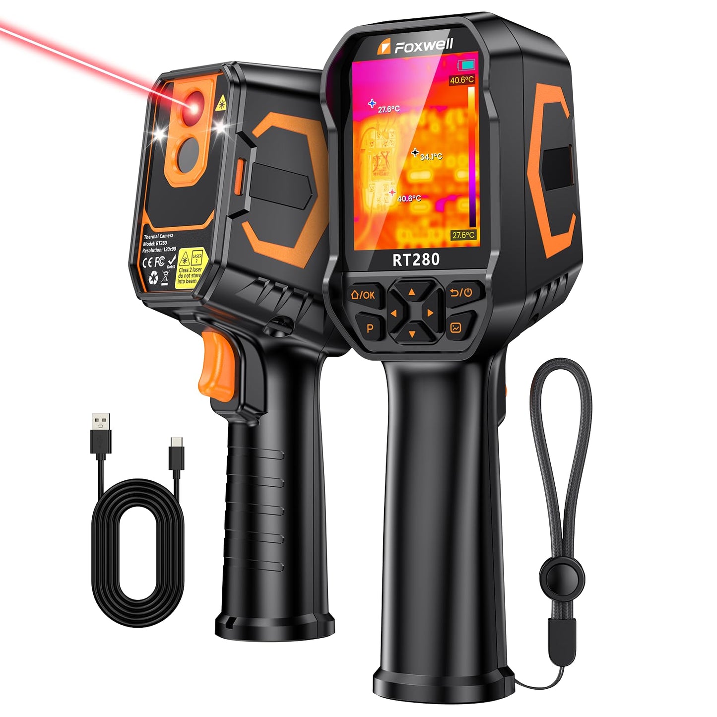 FOXWELL RT280 Thermal Imaging Camera, 320 X 240 2.8" LCD Screen Thermal Camera, TISR Resolution 240 x 180, 25Hz Handheld Infrared Cameras with Laser, PC Analysis, Photo & Video Recording, 8GB