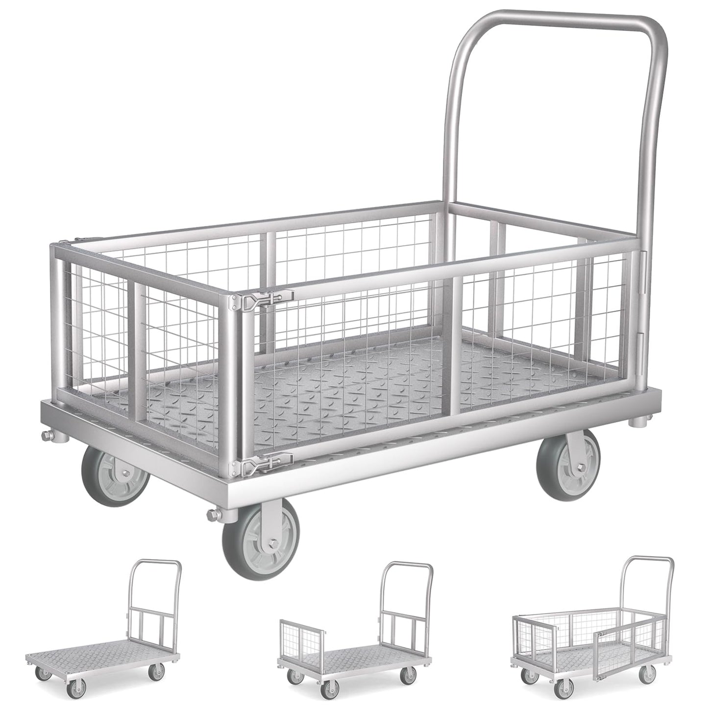 4-in-1 Platform Truck Cart with Cage, Multi-Purpose Heavy Duty Steel Flatbed Cart with 2200lbs Capacity Platform Hand Truck 6" Wheels Push Cart Dolly for Groceries, Garage, Warehouse (41“L x 24" W)