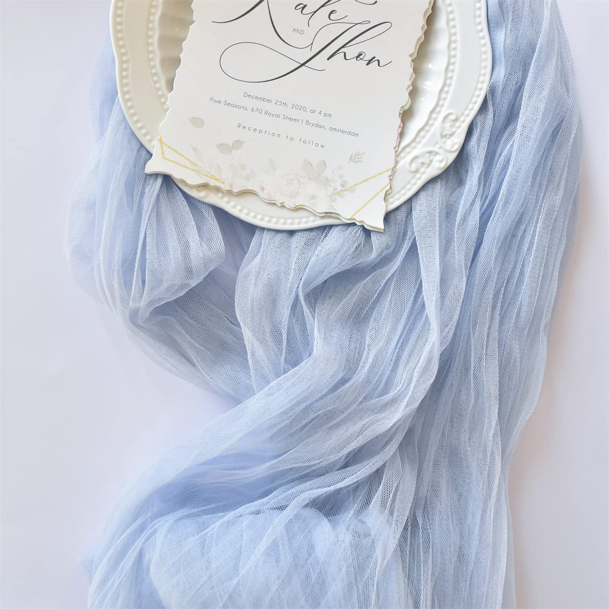 Joanlody Blue Cheesecloth Table Runner Spring Summer 10Ft Rustic Gauze Boho Cheese Cloth Table Runner for Wedding Bridal Baby Shower Decoration 4 Pack