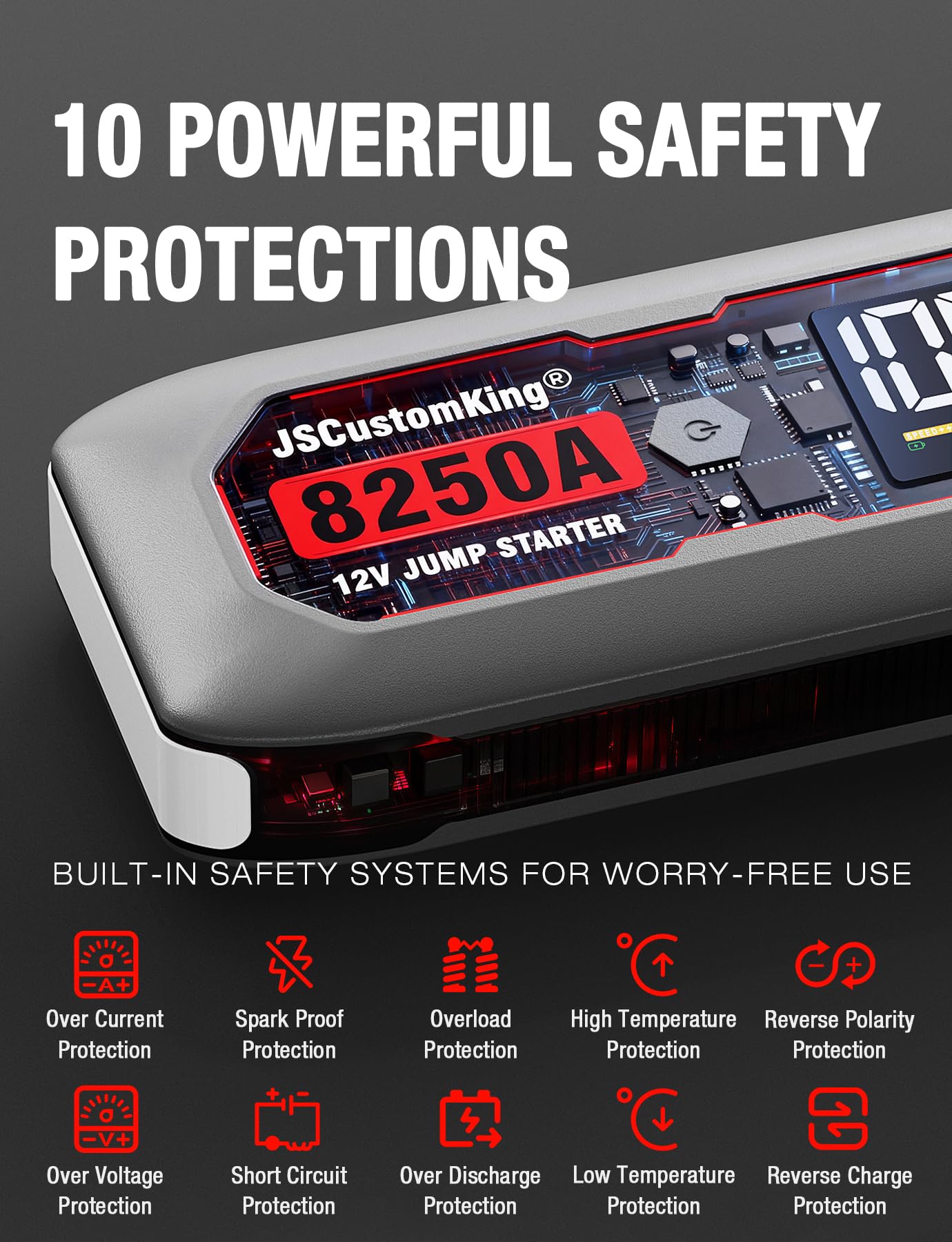 8250A Jump Starter Battery Jump Starter Battery Pack (for All Gas or 10.0+L Diesel), 12V Potable Heavy Duty Car Jump Start with 3.2 inch HD Screen, 2 USB Power Bank 48-Months Stand-by Time