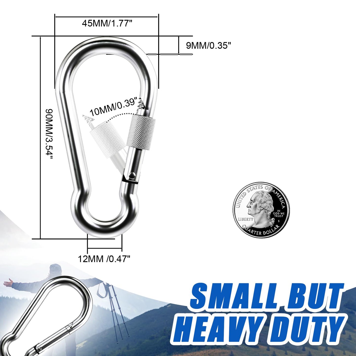 Locking Carabiner, 10 Pack 3.54 inch Heavy Duty Carabiner Clips, 304 Stainless Steel Spring Snap Hook, Screw Carabiners Keychain for Outdoor Camping, Swing, Hammock, Hiking, Quick Link