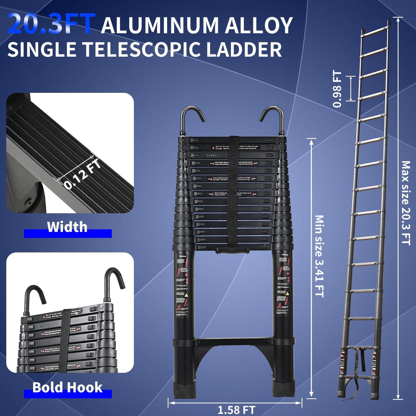 JADDUO 20.3 FT Telescopic Ladder, Aluminium Black Telescoping Ladder with Non-Slip Feet and Stable Hook, Portable Extension Ladder for Household and Outdoor Working, Heavy Duty 330 lbs Max Capacity