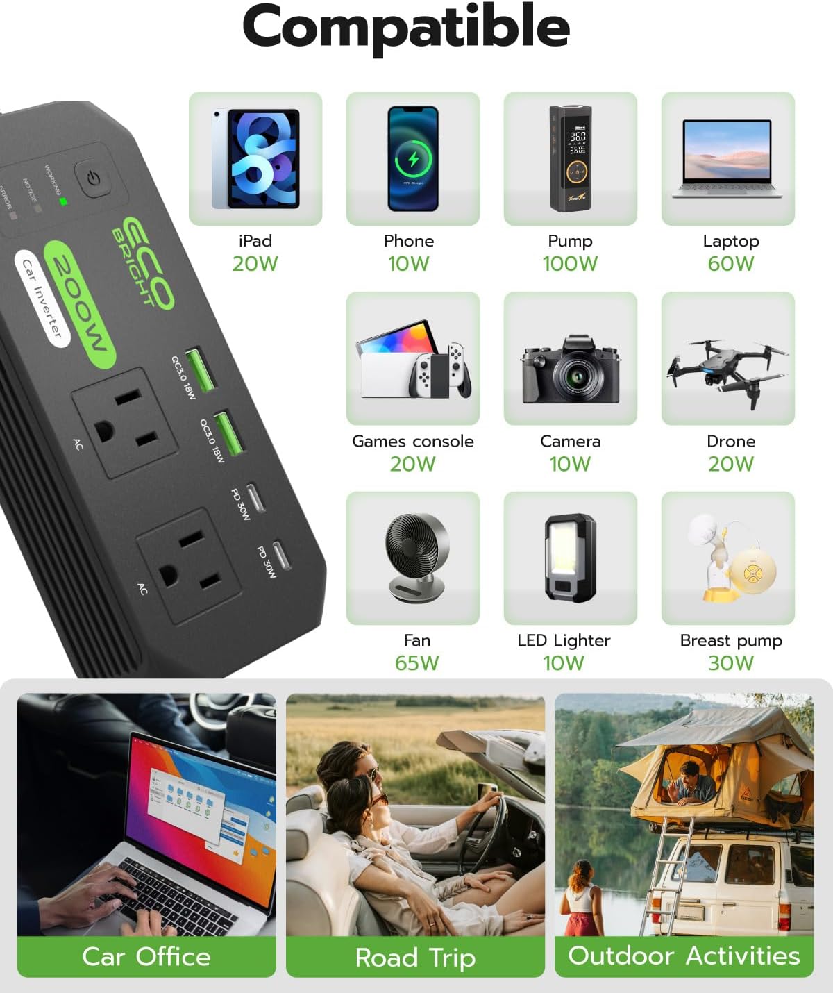 ecoBright 200W 12V 110V 30W 18W 2 12V Car Power Inverter DC to AC, USB-C & USB-A Fast Charging, AC Outlets for Laptop
