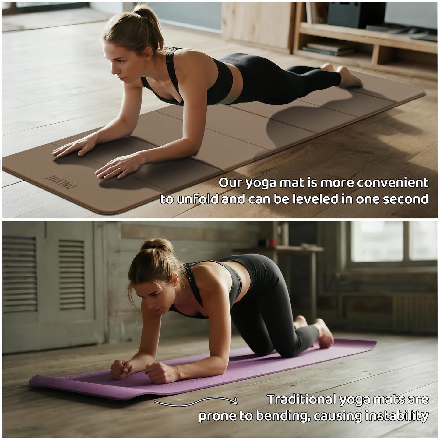 ONLYHE Foldable Yoga Mat Exercise Mat for Home Workout, Comfortable and Durable, 8mm Thick Portable Folding Mat, Non-Slip, Pilates Mat Thick, Outdoor Use, Meditation, Travel, Camping (71"x24" x 0.3") (Brown+Black)