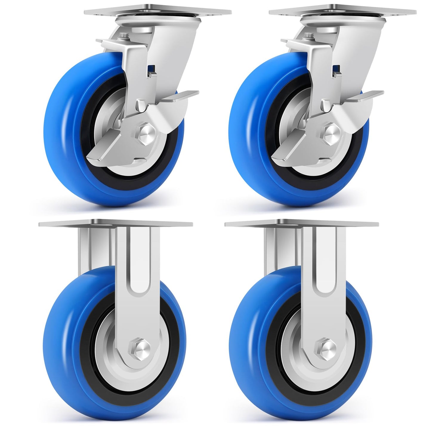 W B D WEIBIDA 6 Inch Heavy Duty Casters Set of 4, Smooth Rolling Caster Design for Cart Wheels, 4500 LBS Industrial Grade Castors with Upgraded Thickened Bracket, Durable Castors (2 Brake & 2 Rigid)