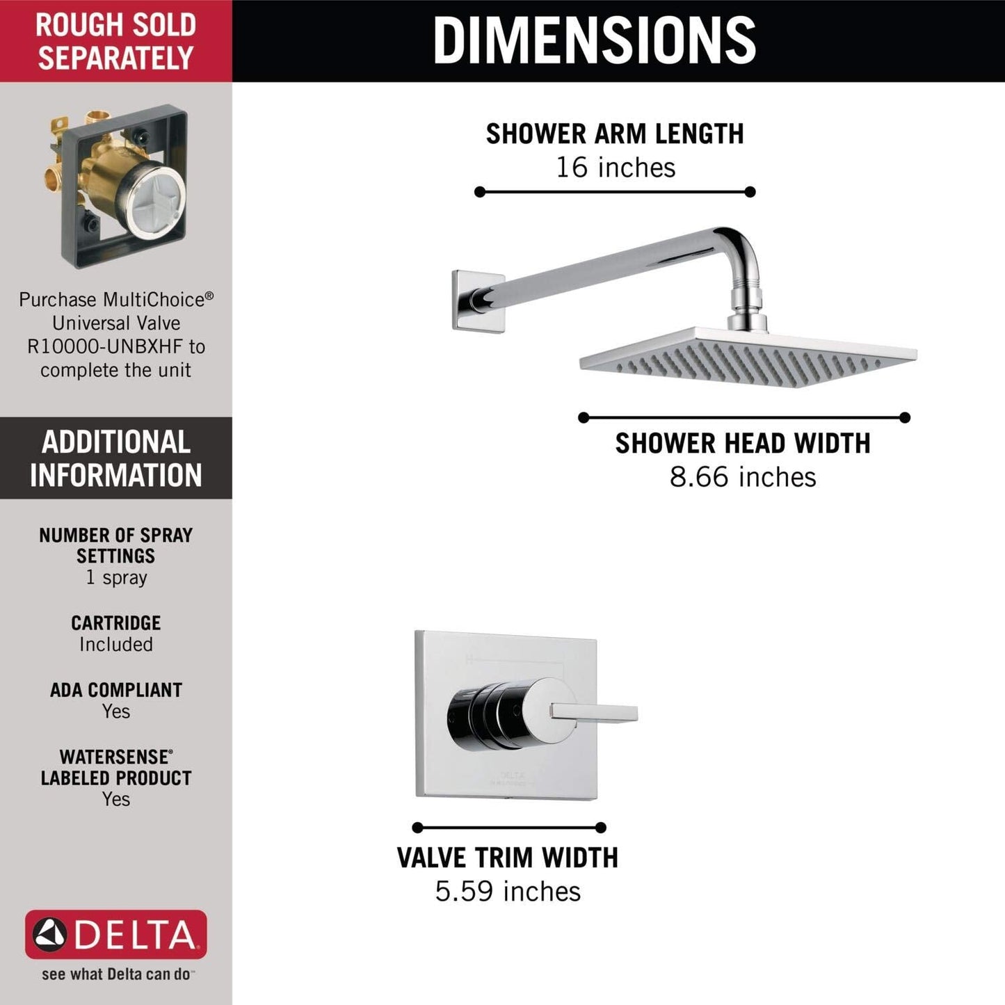 Delta Vero 14 Series Rain Shower Faucet Set, Chrome Shower Head and Handle Set, Valve Trim Kit, Chrome T14253-WE (Valve Not Included)