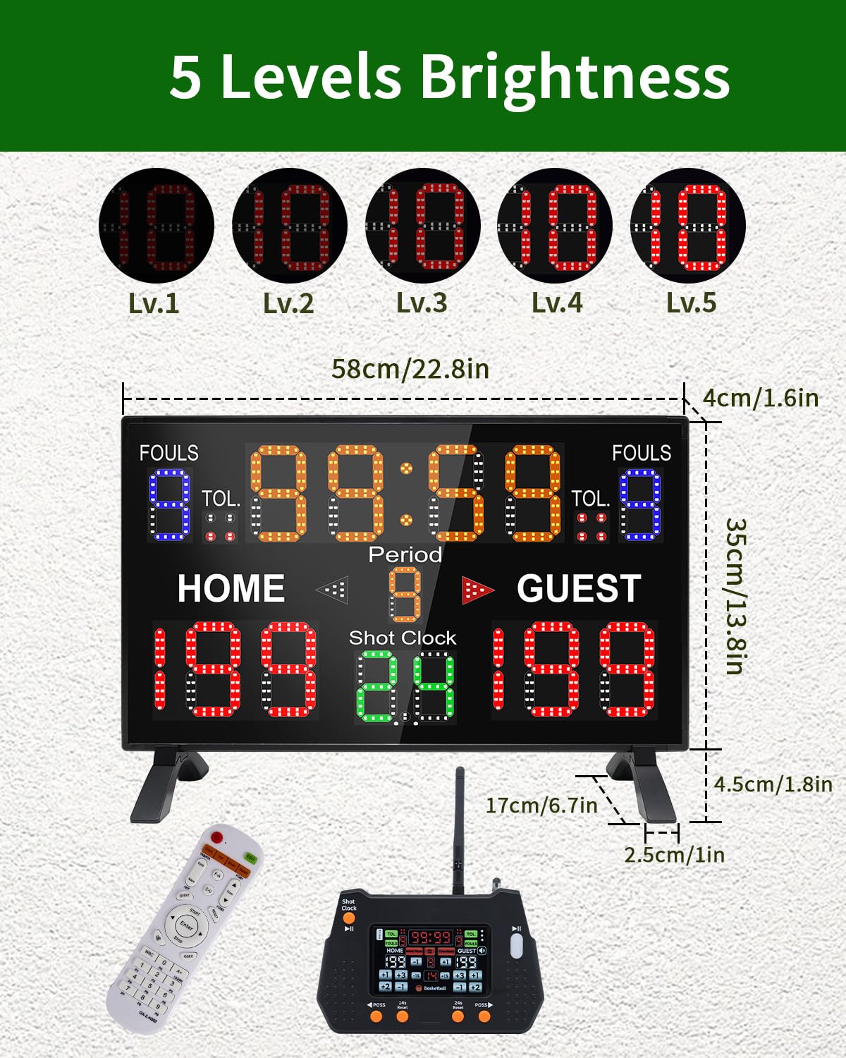 LUCKY TIME Basketball Scoreboard with Shot Clock, 12/14/24/30/25/60 Seconds, Upgraded Thickening Digital Scoreboard with Panel and Remote, Battery Powered Electronic Scoreboard for Indoor Outdoor