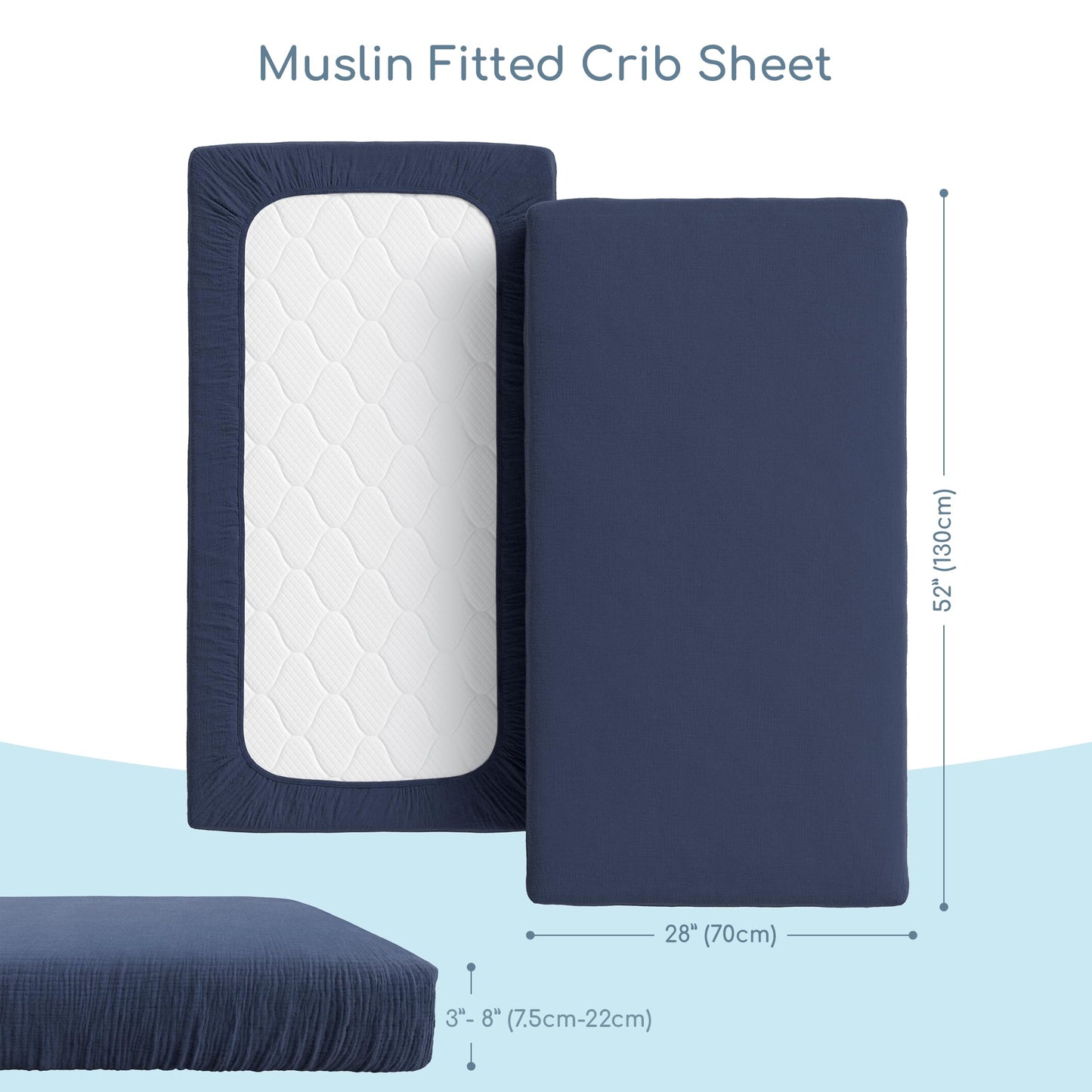 ROMY RO Muslin Crib Sheets, 100% Organic Cotton, Breathable and Ultra-Soft, Standard Crib Sheet Mattress (28"x 52") for Girls and Boys, Neutral Fitted Baby Crib Sheet (Navy)