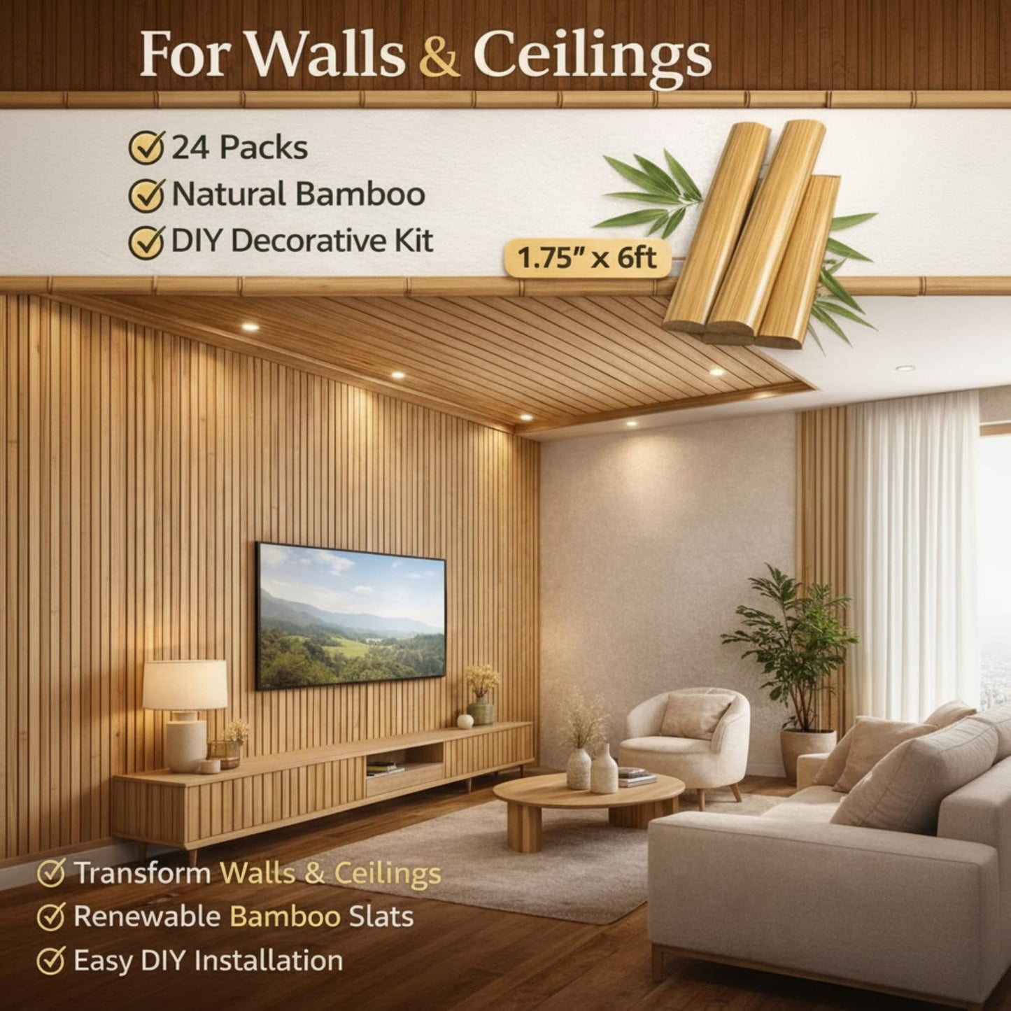 Maasechs 24 Pack 6ft Bamboo Slat Wall Panels, Vertical Wood Slat Accent Wall Kit for Modern Interior Decor, DIY Decorative Ceiling Panel System, Light Bamboo Finish, Easy Install