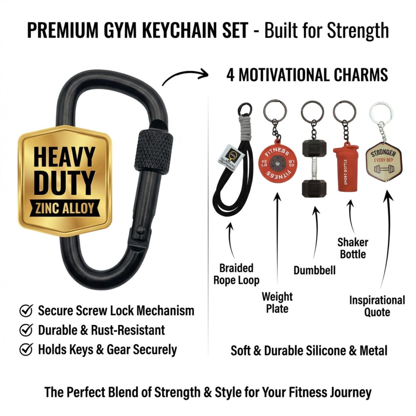 GYMMAJOR Gym Keychain with Motivational Quote Badge & Carabiner Clip - Workout Accessories Dumbbell Charms for Gym Bag Water Bottle (Black&Red)