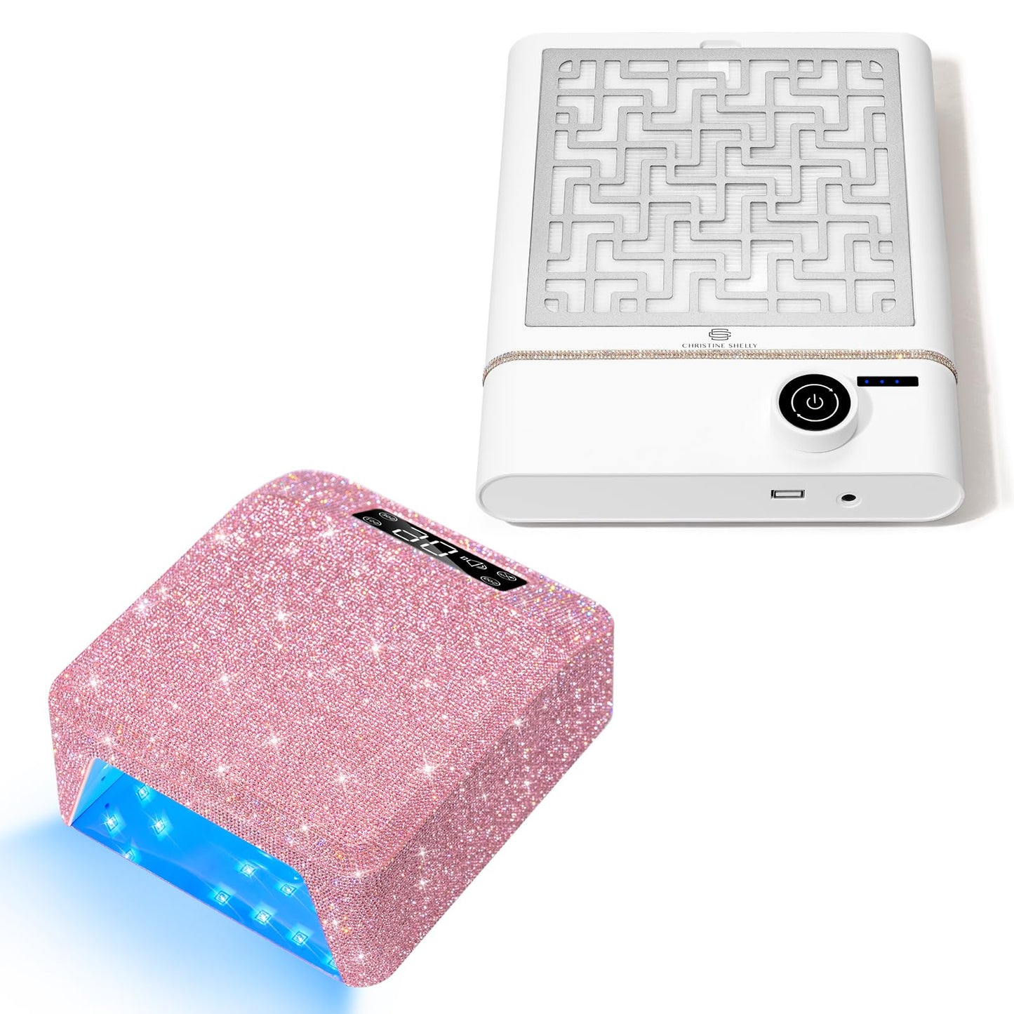 CHRISTINE SHELLY H20 UV Light for Gel Nails, 96W Rechargeable UV Nail Lamp & 504 Nail Dust Collector, Bling Diamond Rechargeable 5000RPM Vacuum Nail Tech Fan Extractor