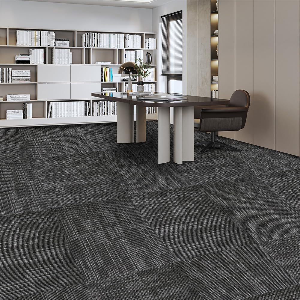 SUWUYUE Carpet Tiles 24 x 24 Inches, 18 Tiles 72 Sqft, Non Slip Commercial Carpet Squares, Removable Floor Tiles for Office Living Room Basement Home Gym, Easy DIY Installation, Dark Gray