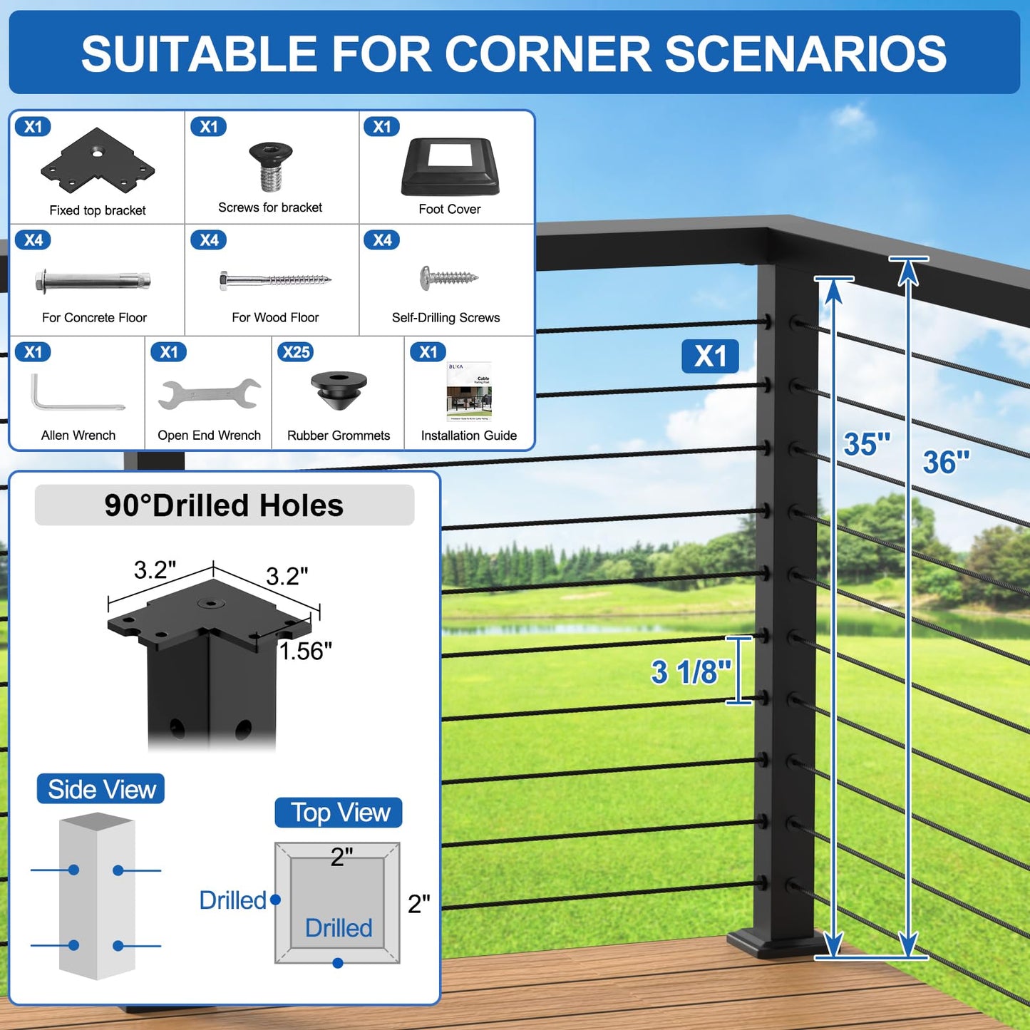 PLANTOP 36" Cable Railing Corner Post(Post 35"x2"x2"), 1 Pack 90° L-Drilled Flat Top Corner Post, Stainless Steel Black Surface Mount Deck Cable Railing Post for Indoor Outdoor, MY08-C
