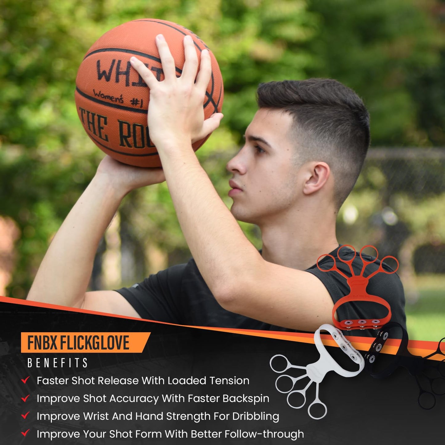 FNBX FlickGlove Basketball Shooting Aid, Training Equipment for Improving Shot and Form, Set of 3 Silicone Strap Resistances, White, Black and Orange