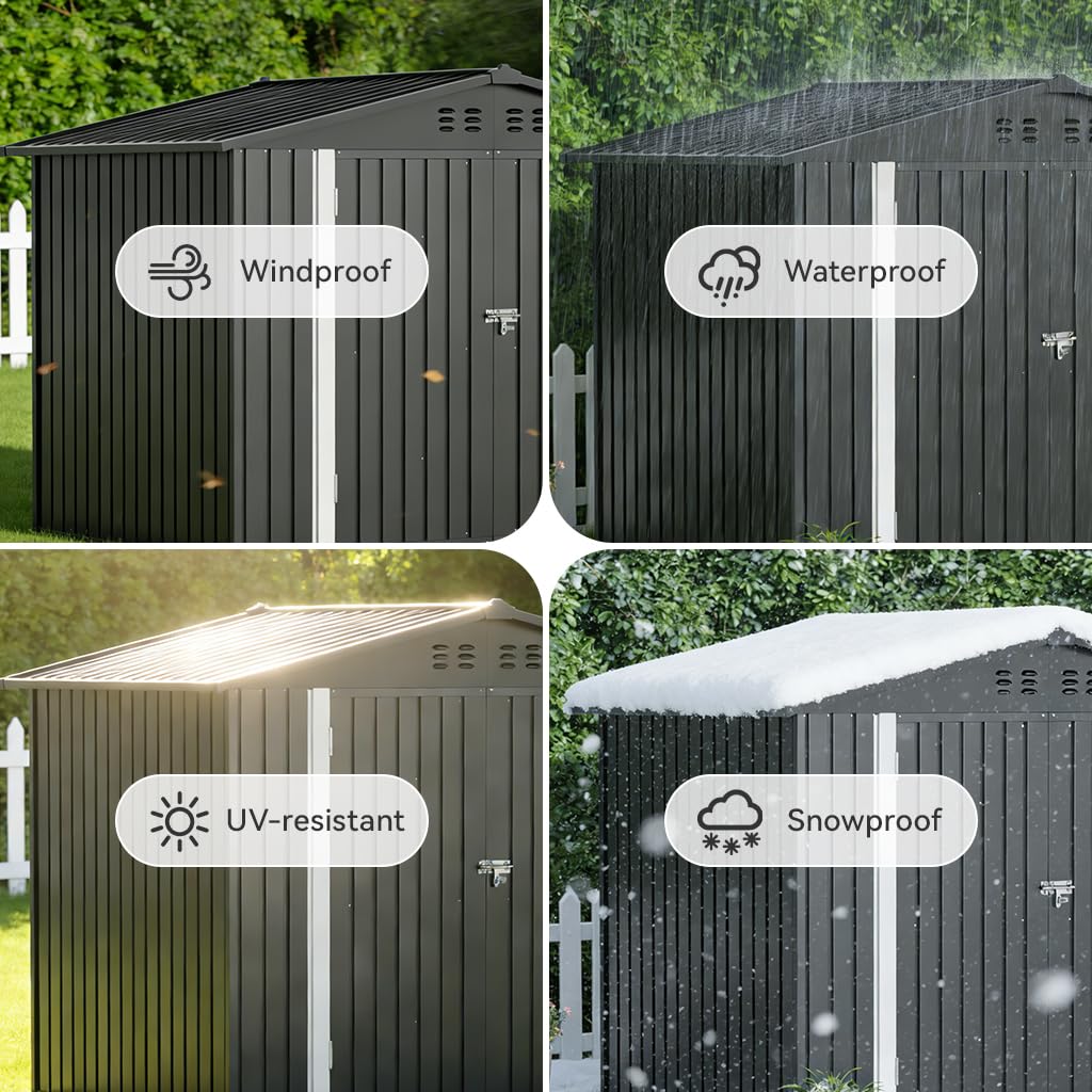 COMHOMA Shed Storage Outdoor Metal Windowed Lockable Weatherproof Ventilated Backyard Garden Utility Workshop(Grey,8'*6')