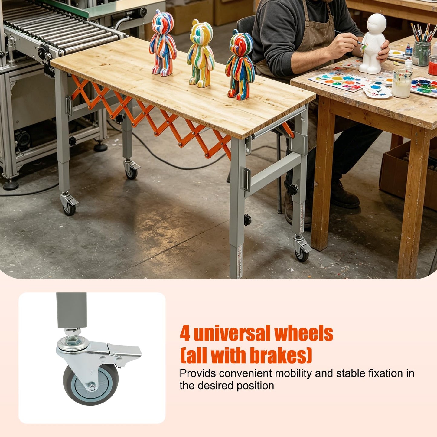 Conveyor Roller Table Adjustable Conveyor Roller Stands with Universal Wheels for Transporting Construction Materials Wood Goods, 110lbs Loading, Adjustable Length and Height