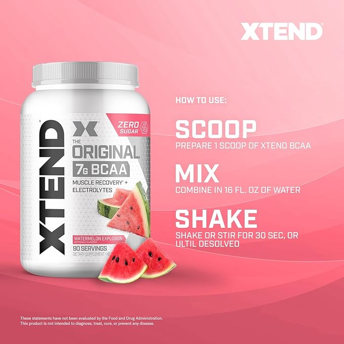 Xtend Original BCAA Powder, 7g BCAAs and 2.5g L-Glutamine for Muscle Recovery Hydration and Lean Muscle, Sugar Free Intra and Post Workout Drink with Electrolytes, Watermelon Explosion, 30 Servings