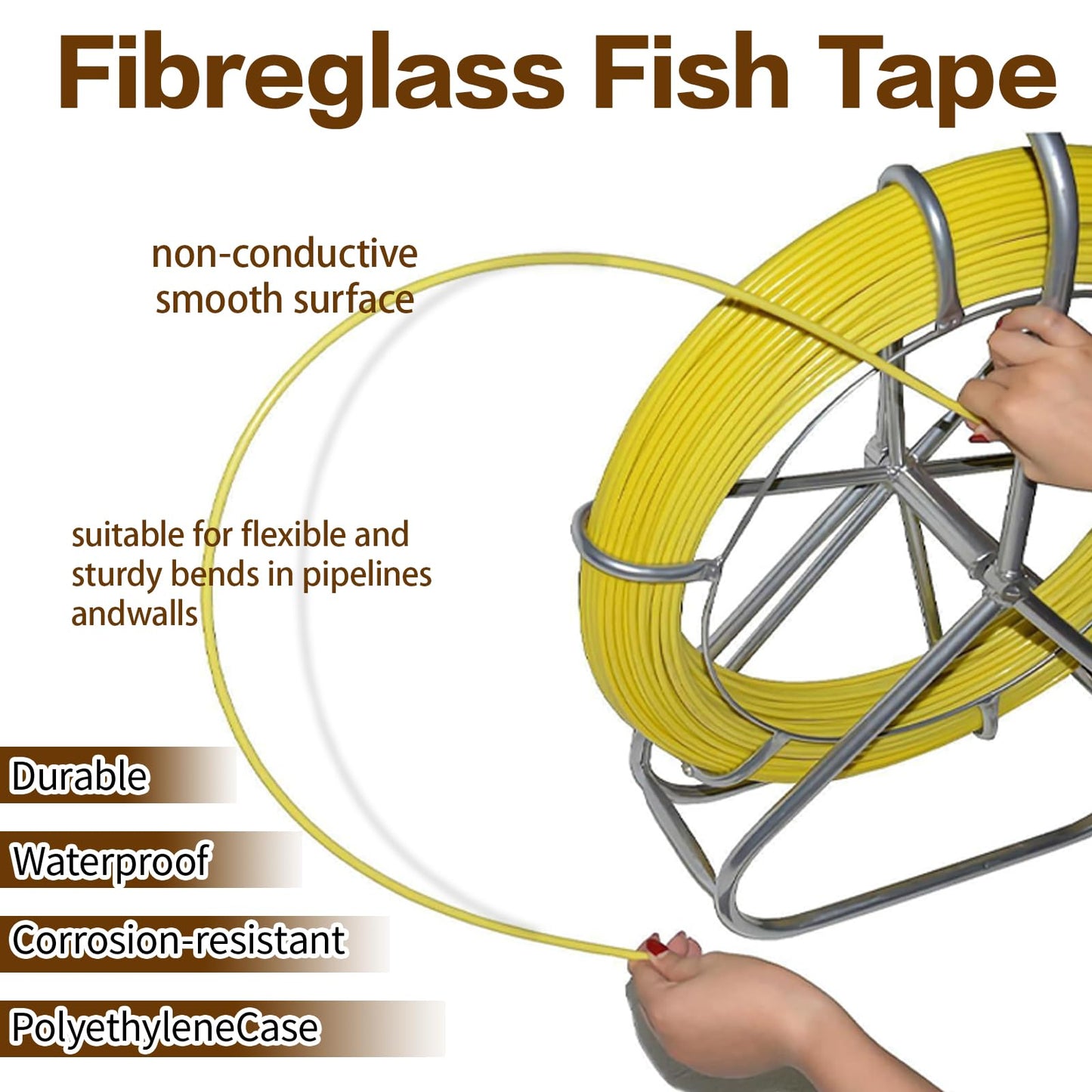 Fish Tape Fiberglass 6MM 425FT,Electrical Fish Tape Cable Running Rod with Steel Reel Stand, Fishing Tools for Walls & Electrical Conduit