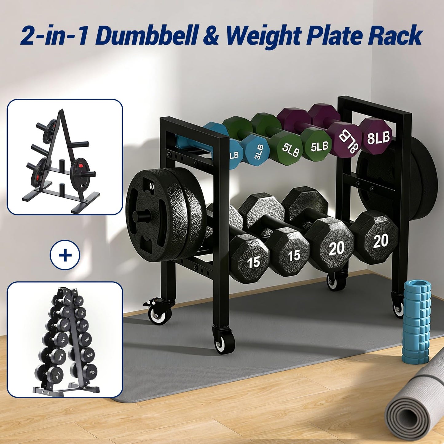 Dumbbell Rack Stand Only 2-Tier 20 IN Length Adjustable Small Weight Rack For Home Gym Dumbbells Kettlebell,350LB Capacity Heavy-Duty Compact Dumbbell Holder