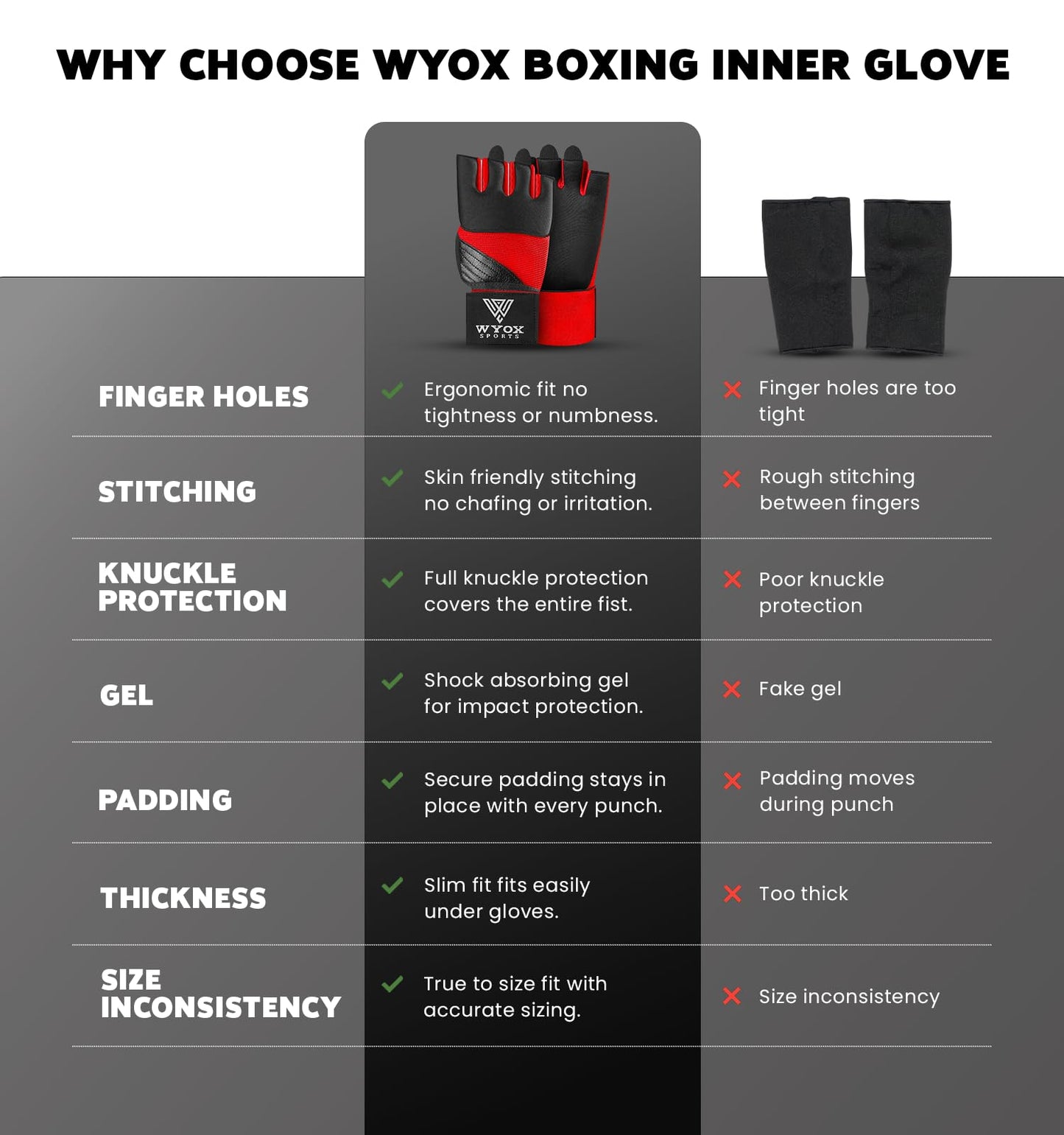 WYOX Gel Boxing Hand Wraps Inner Gloves for Men & Women, 80cm Quick Wrist Straps, Padded Knuckle Protection for Muay Thai Kickboxing, Hand Wraps for Boxing & Martial Arts (Red, L/XL)