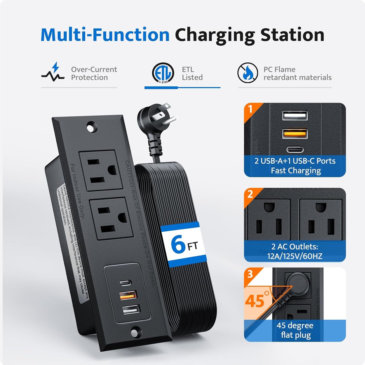 DOACE Table,2 Outlets,3 Ports,6ft Recessed Power Strip with USB C Fast Charging Conference Recessed Outlet,Space-Saver