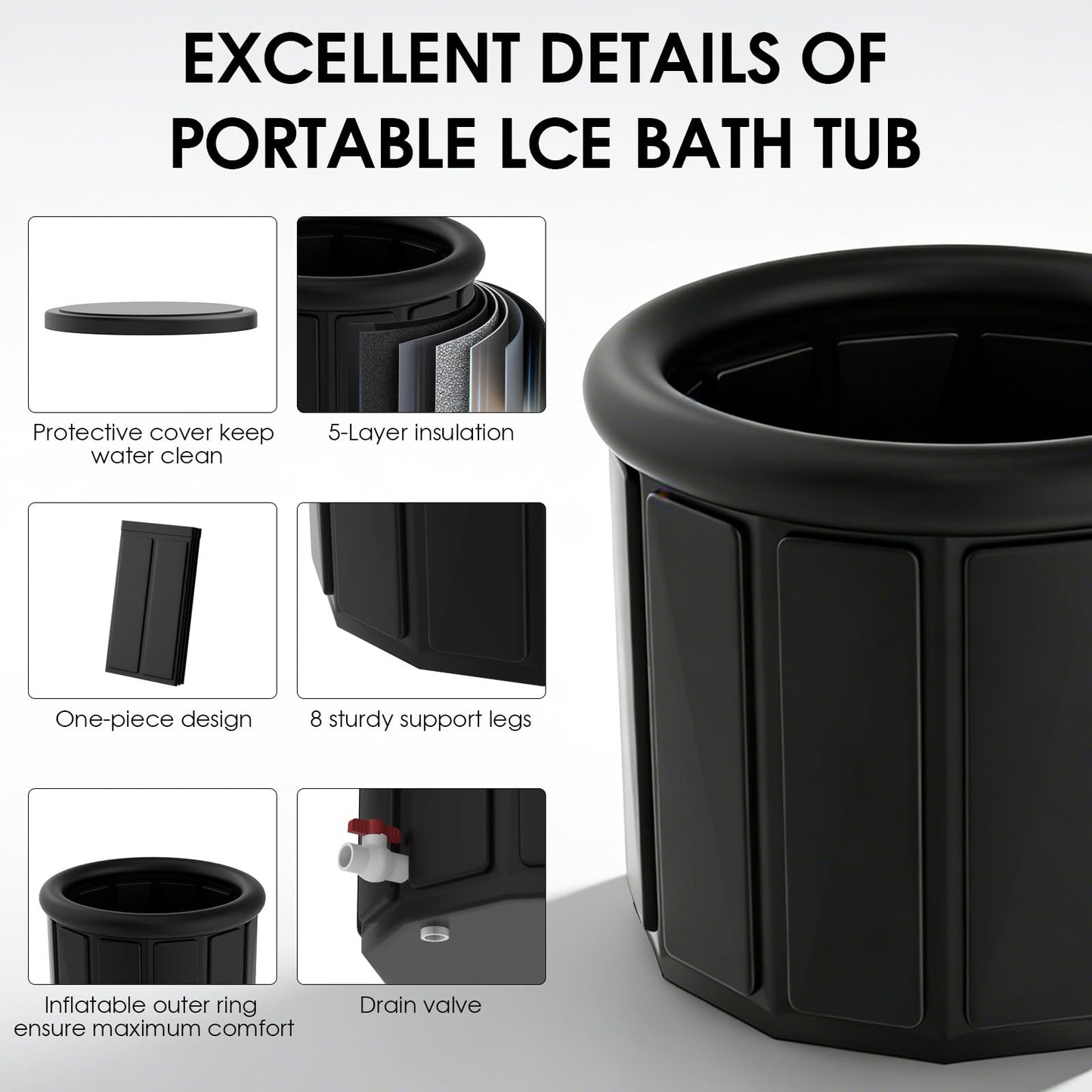 Ice Bath Tub for Athletes - Extra Large Cold Plunge Tub for Muscle Recovery & Cold Water Therapy, Portable Multi-Layer Ice Bath for Home, Gym, Backyard, Spa, Indoor & Outdoor Use (Black, 30X31.5 IN)