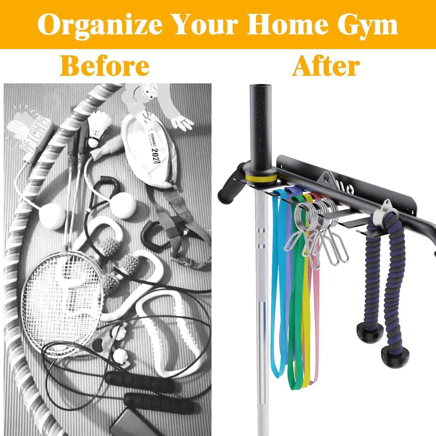 VAIIO Gym Storage Rack With 8 Hooks Multi Purpose Resistance Band Rack Wall Mount Barbell Rack for Exercise Bands, Jump Ropes, Chains, Lifting Belts