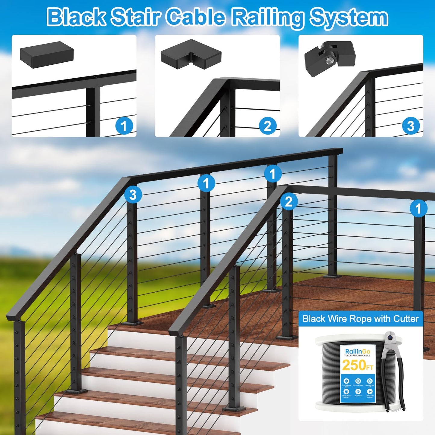 RailinGo 2Pack 6'6'' Rectangular Cable Railing Handrails, Black Stainless Steel Handrail with Nylon End Caps for Stair Cable Railing System, 6.5FT Cuttable Deck Cable Rail Post Handrail, RG01-H