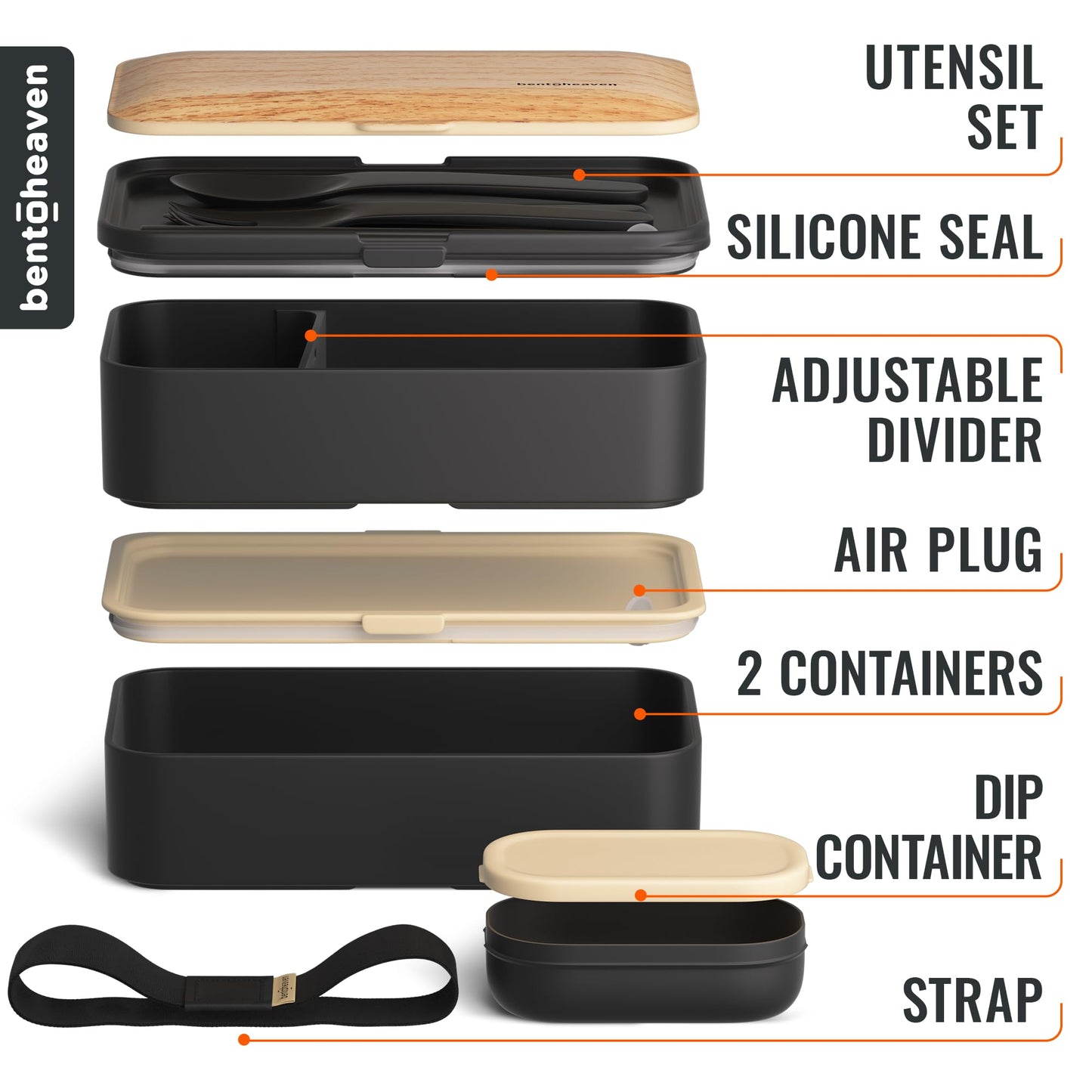 Bentoheaven Premium Bento Box Adult Lunch Box with Compartments for Women & Men, Set of Utensil & Chopsticks & Dip Container, Cute Japanese Kids Bento Lunch Box, Microwavable (Symph Onyx)