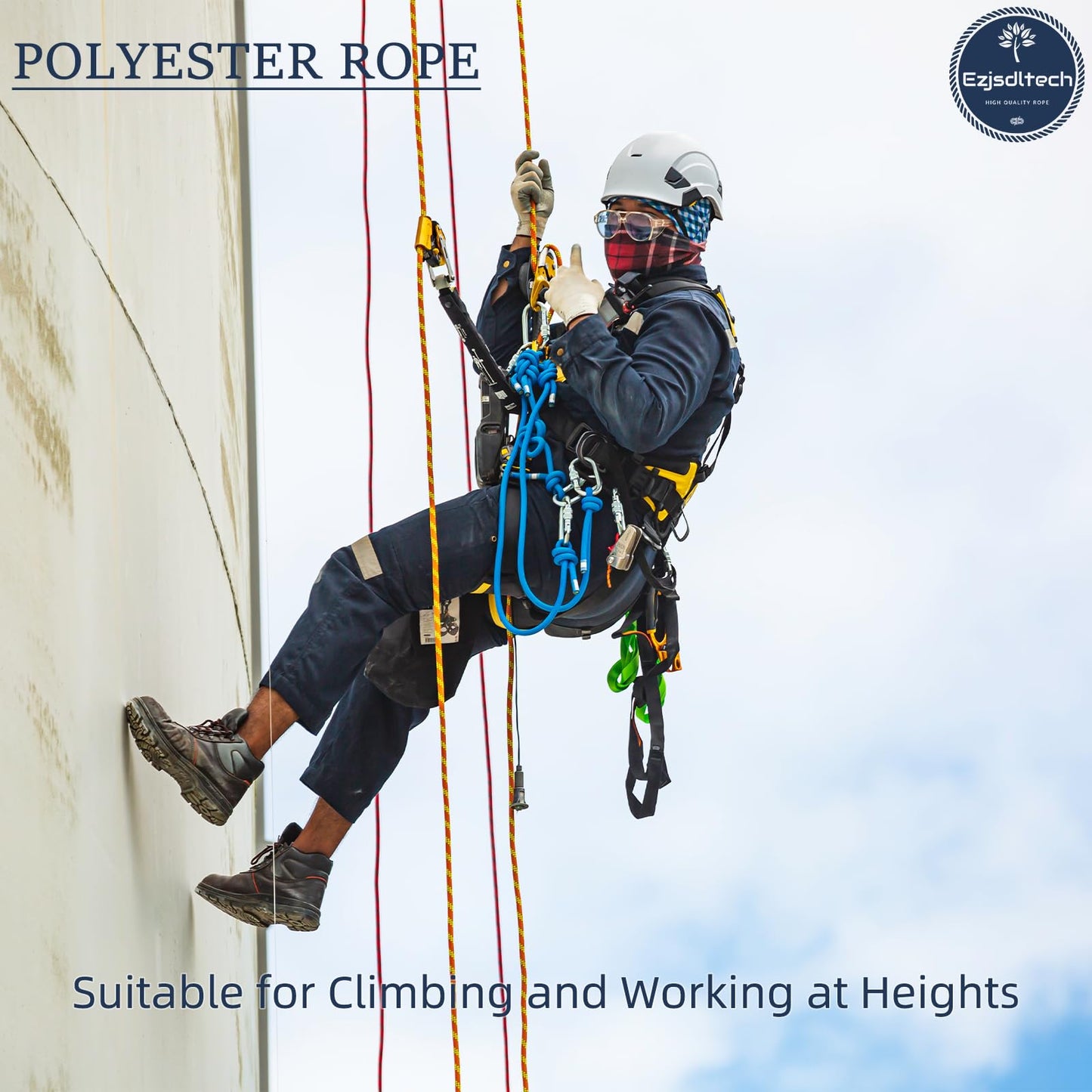 Ezjsdltech 1/2 in x 50 ft Polyester Arborist Rigging Rope, Yellow Braided Tree Climbing Rope 48 Strands for Farm Work and Swinging