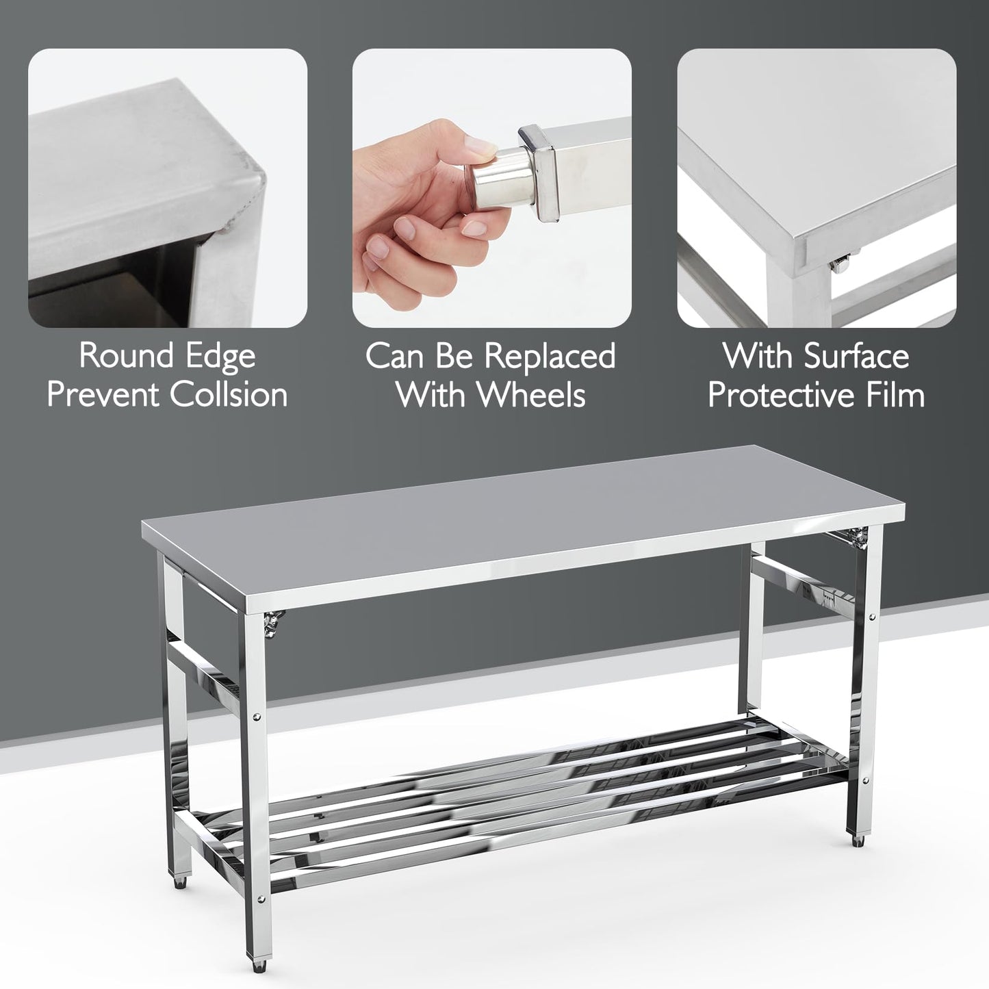 MegaChoice 60 x 24 Inch Stainless Steel Prep Table, Folding Stainless Steel Work Table with Adjustable Undershelf, Heavy Duty Metal Workstation for Commercial, Kitchen, Restaurant, Garage, Home