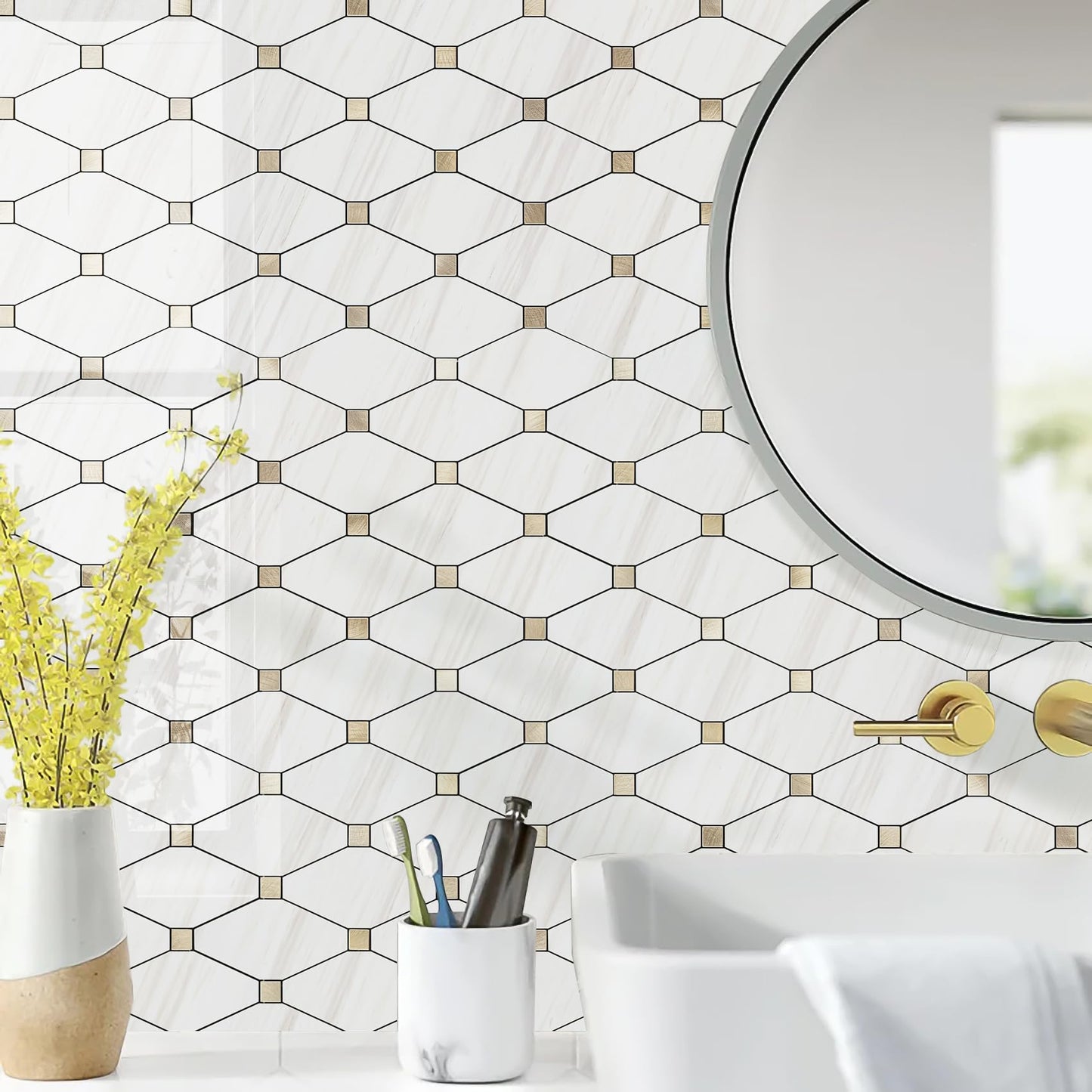 STICKGOO 10 Sheets Peel and Stick Backsplash, Polished Dolomite PVC Mixed Metal Gold Kitchen Backsplash, Stick on Backsplash Wall Tiles for Kitchen, Bathroom, RV