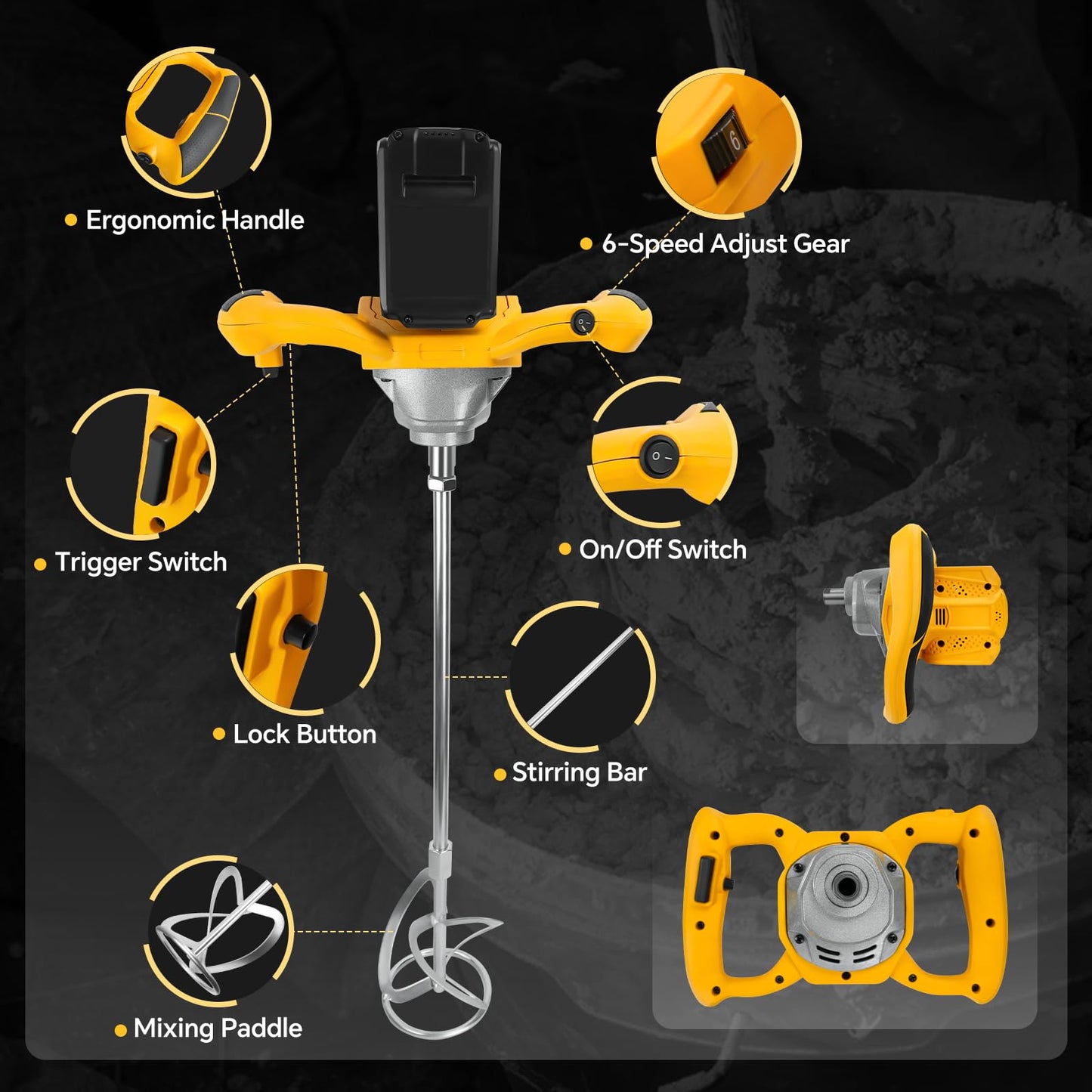 Cordless Cement Mixer, for Dewalt 20V Battery, 1200W Handheld Electric Concrete Mixer, 6 Adjustable Speed Mud Mixer for Fodder,Paint,Glue,Meat,Putty,Cement