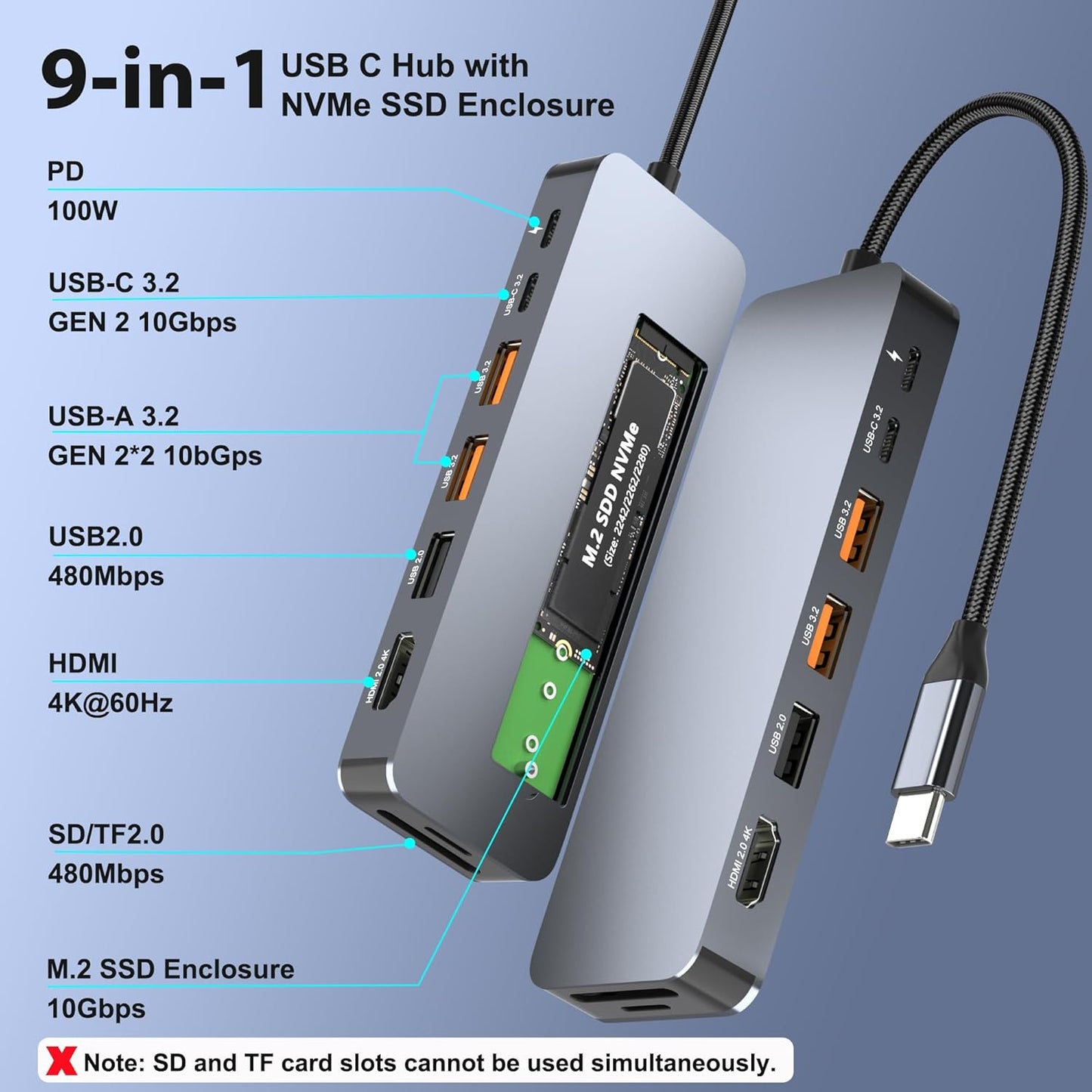 Buerlaseul M.2 10Gbps, 9 1 4K@60Hz 3.2 Gen2, PD100W, USB C Docking Station with NVMe SSD Enclosure in USB-C Hub, Type C