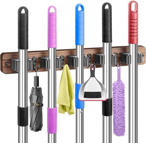IMILLET Broom Holder Set - 2 Pack Plastic & 1 Pack Wooden Holders for Efficient Storage